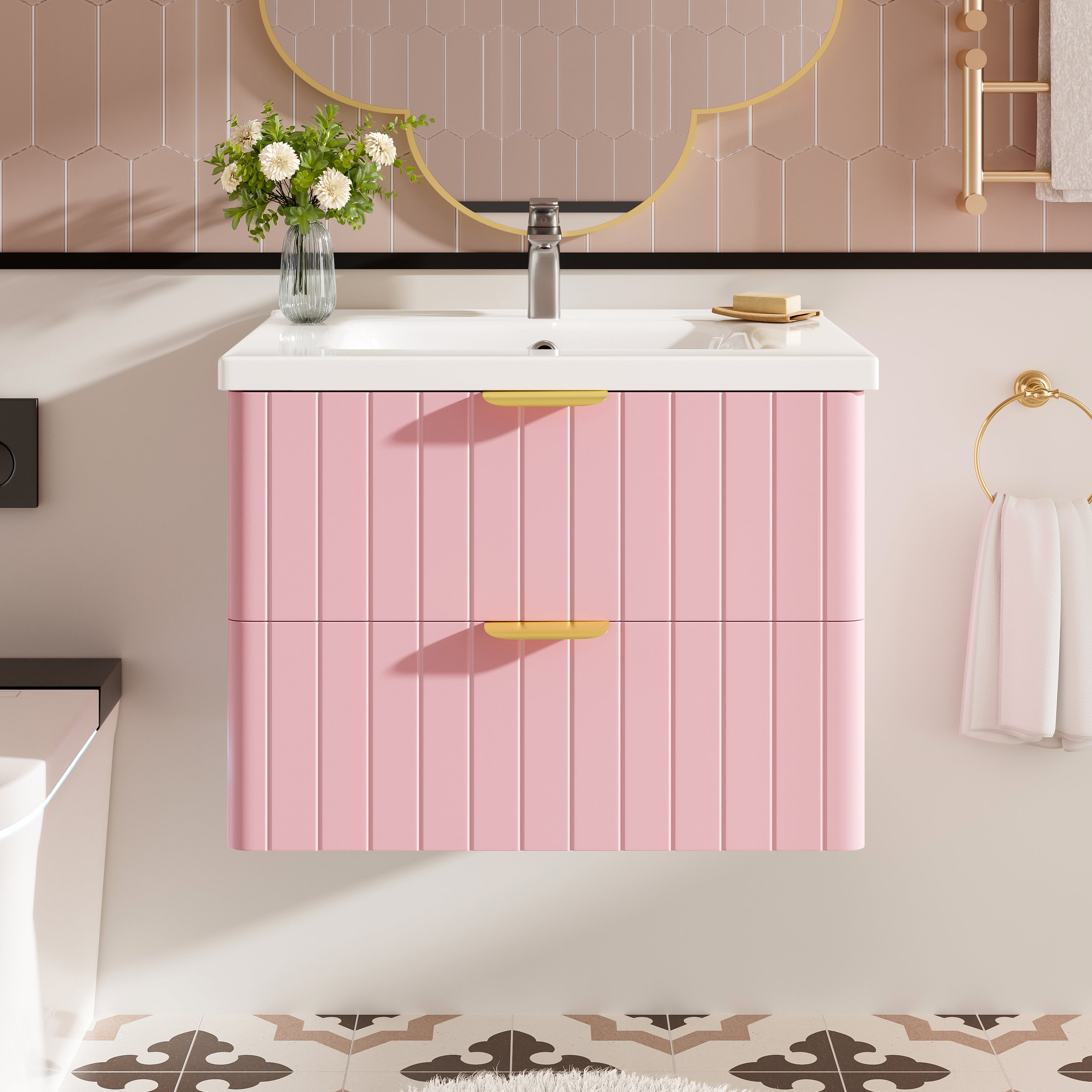 Wall-Hung Vanity Unit with Ceramic Sink and Double Storage, Pink