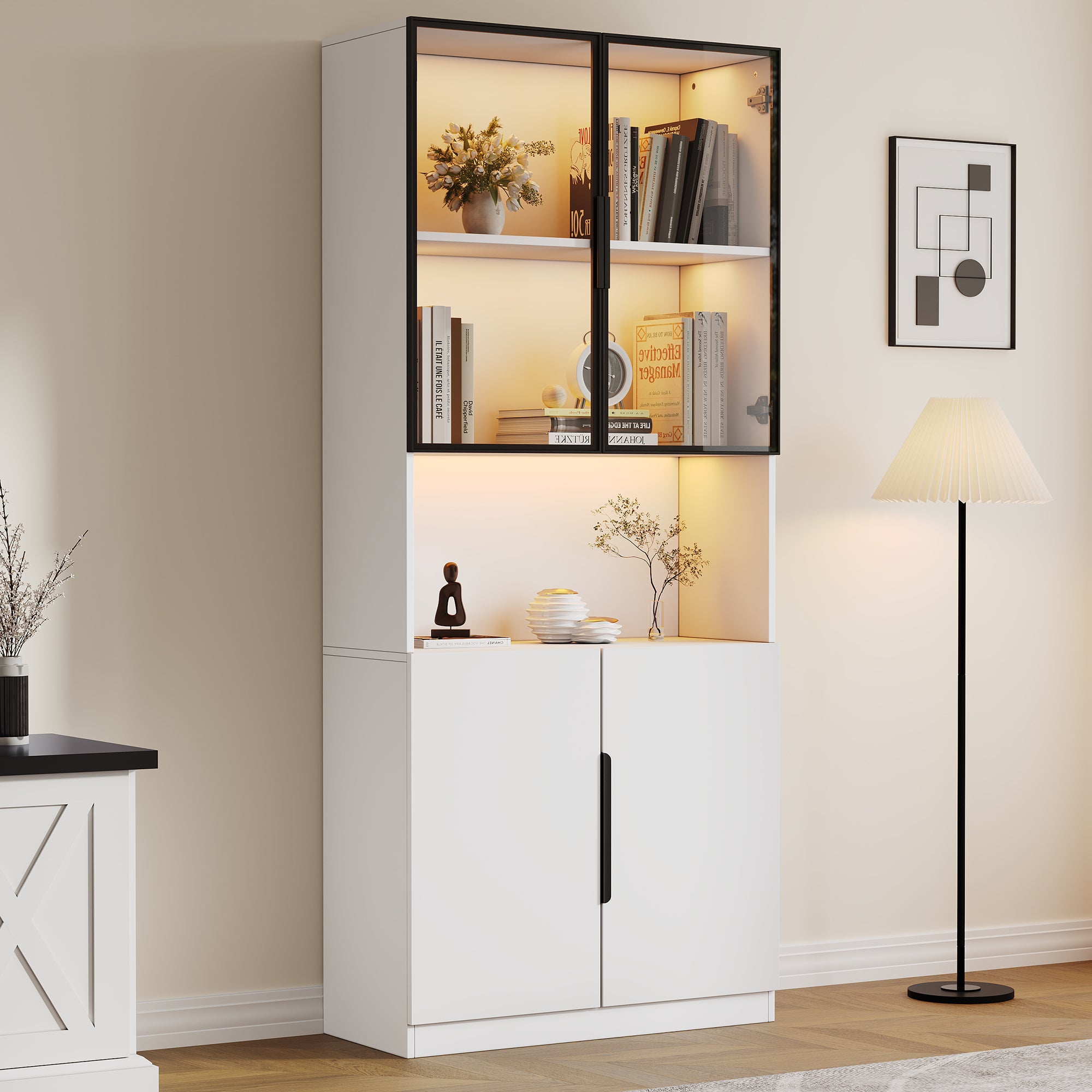 Display Cabinet, Glass Doors LED Lights Bookshelf, White