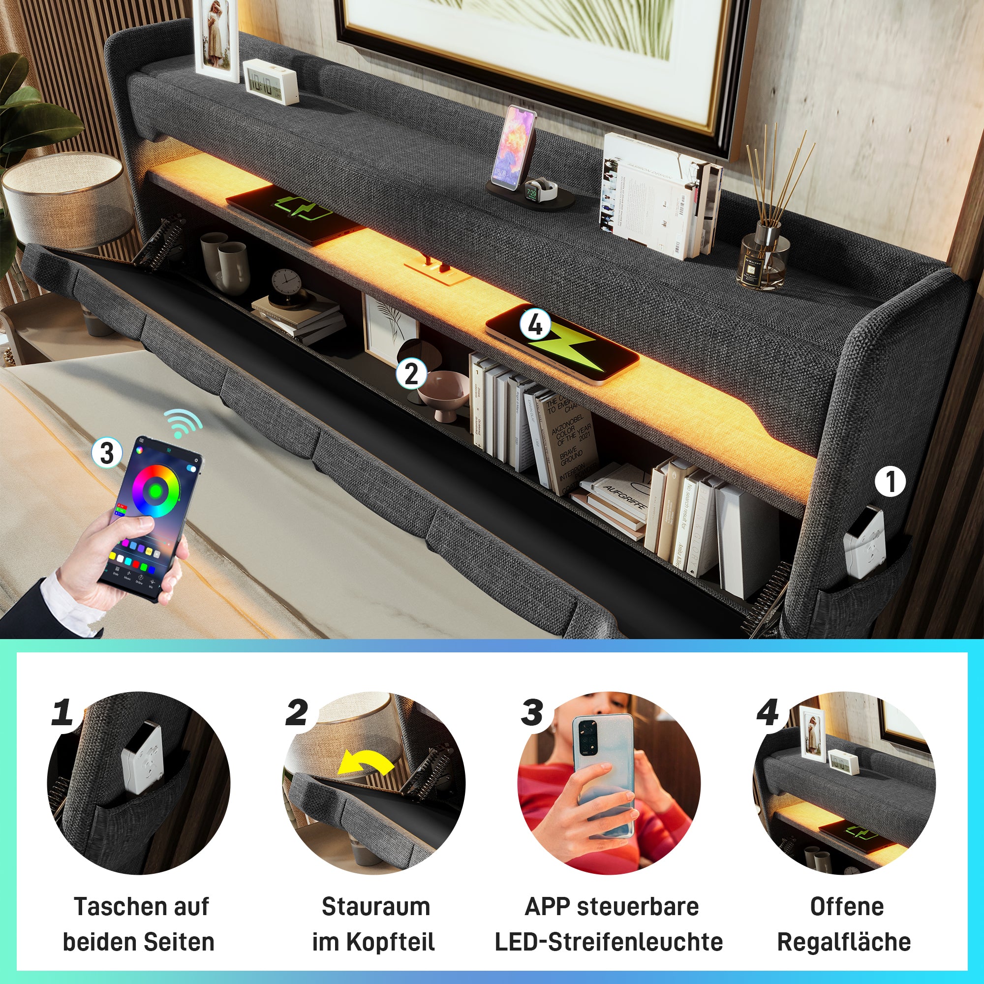 Upholstered Double Bed 160*200, Storage Headboard with USB & Type-C, Hydraulic Storage, Gray Linen
