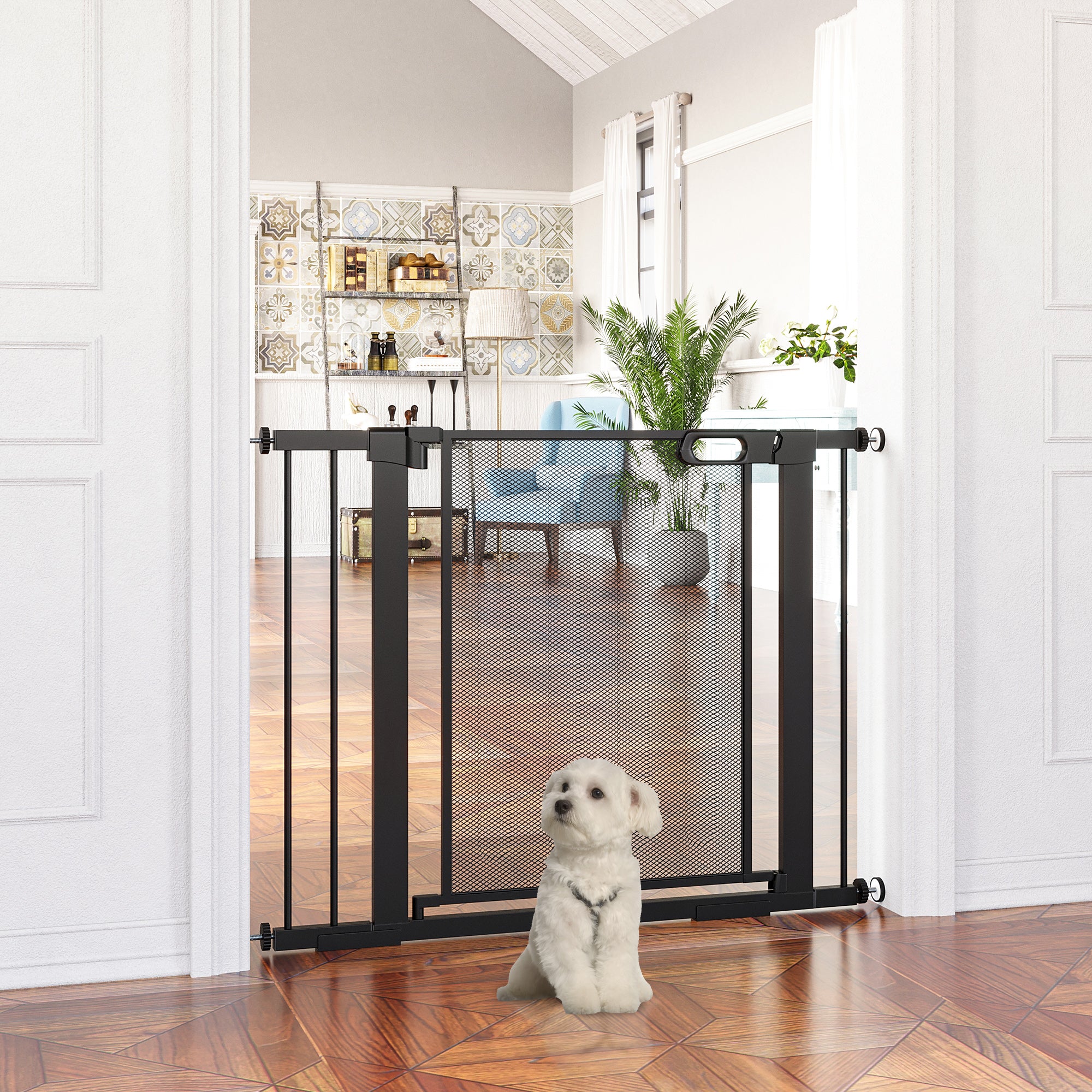 Dog Safety Gate 75-103 cm Auto-Close Stair/Pet Steel, Black
