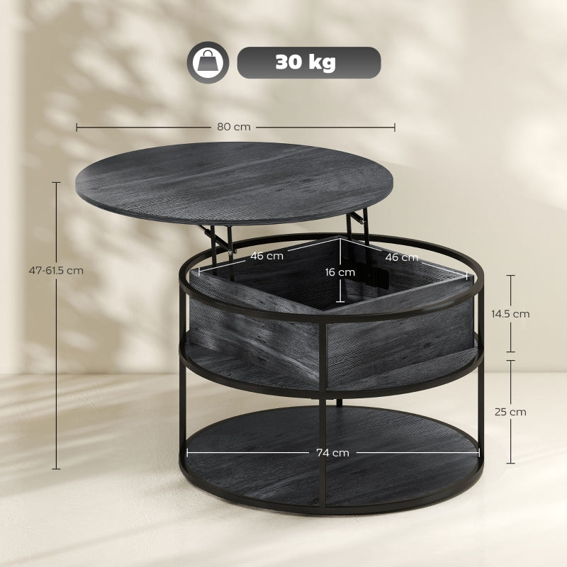 Lift Top Round Coffee Table with Hidden Storage and Steel Frame, Charcoal Grey
