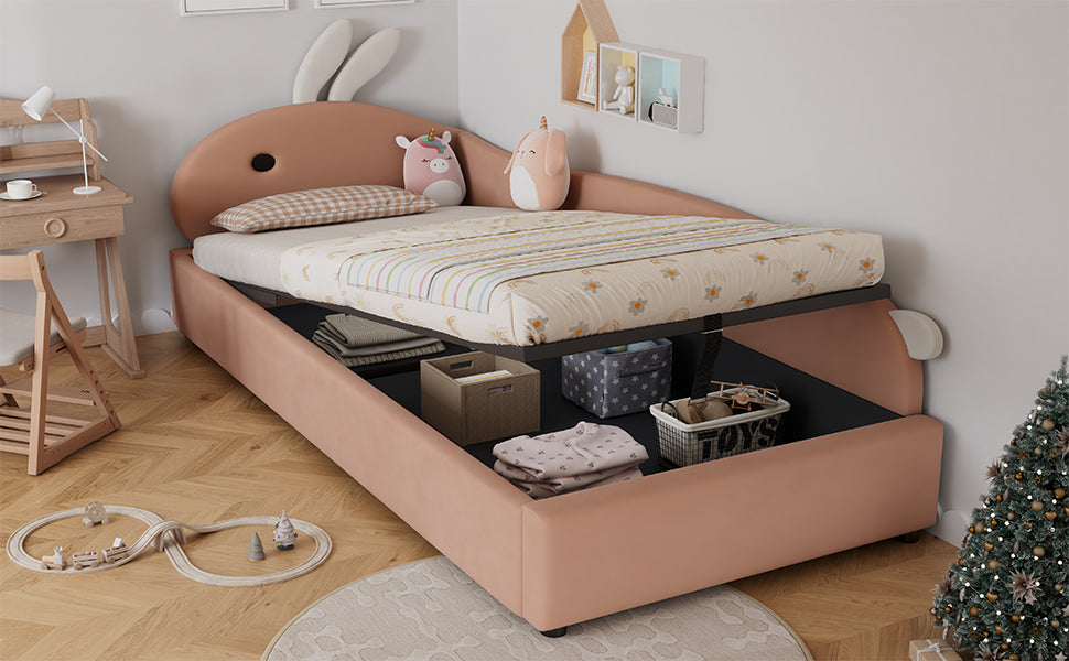 Upholstered Bed, Single Children's with Bunny Headboard & Hydraulic Storage, Velvet Pink+White