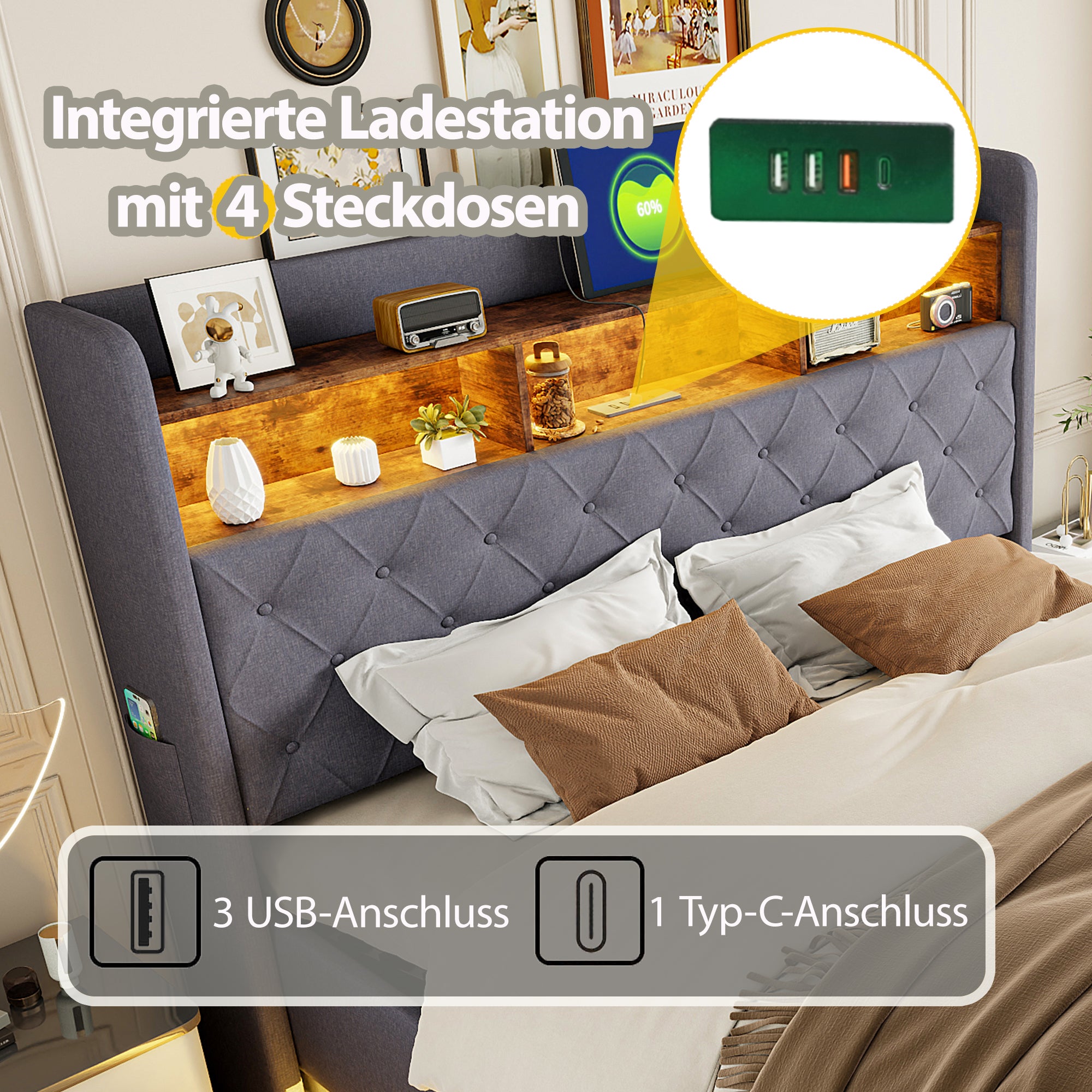 LED upholstered bed with USB and hydraulic storage, linen grey