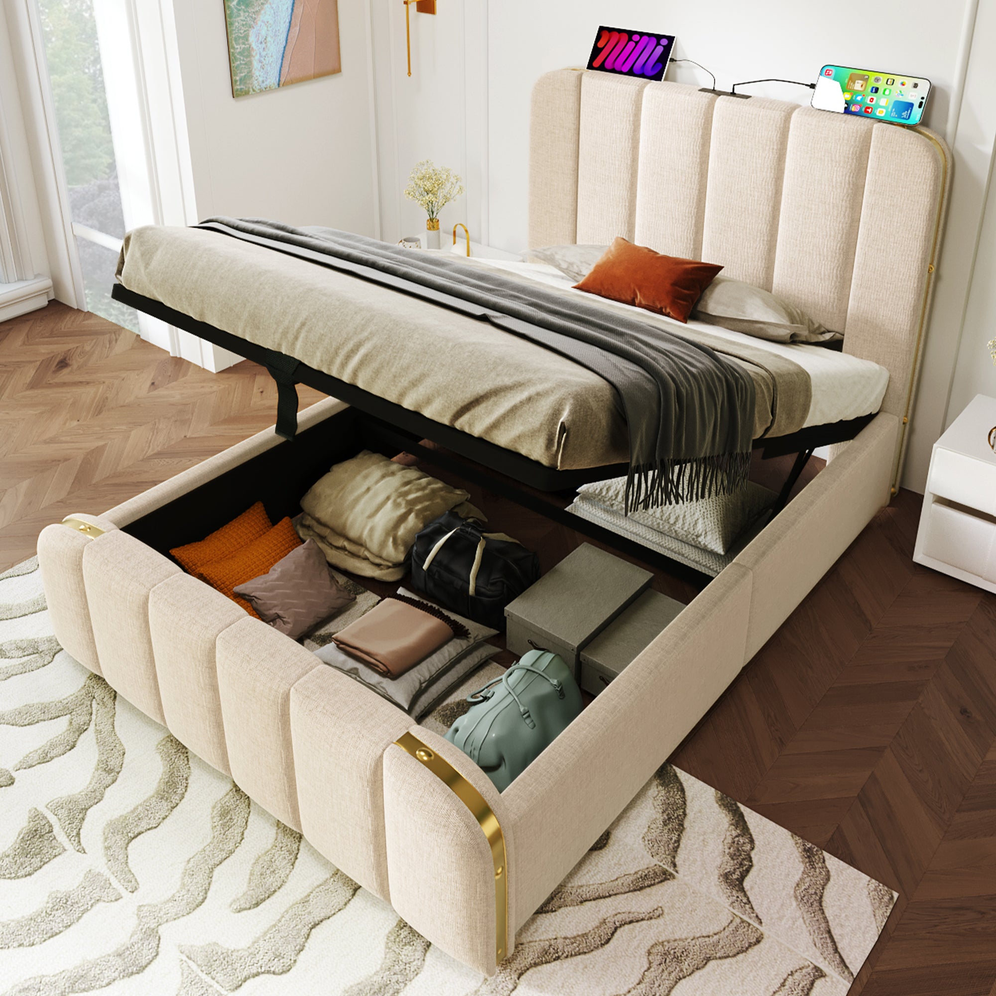 Upholstered Single Bed, USB Type-C, Hydraulic Storage, 90x200 cm, Beige Linen