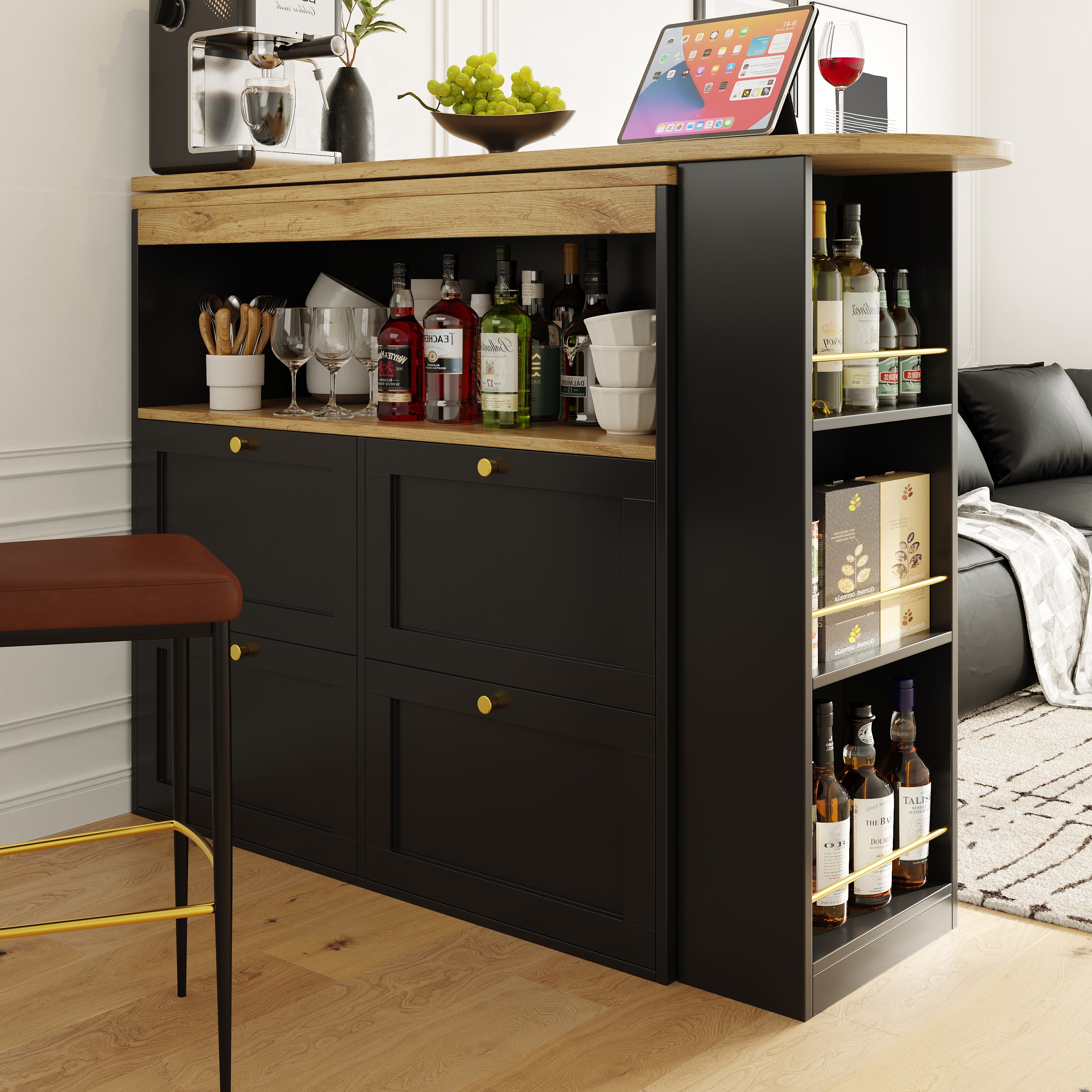 360° Rotating Bar Table with 4 Drawers and Open Shelves Storage