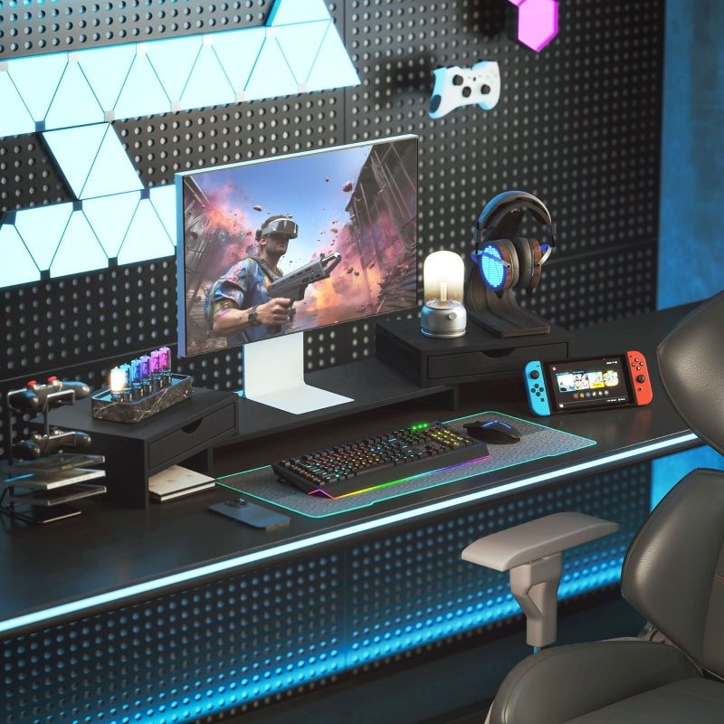 Dual Monitor Stand Riser with 2 Drawers Adjustable Length and Angle, Black