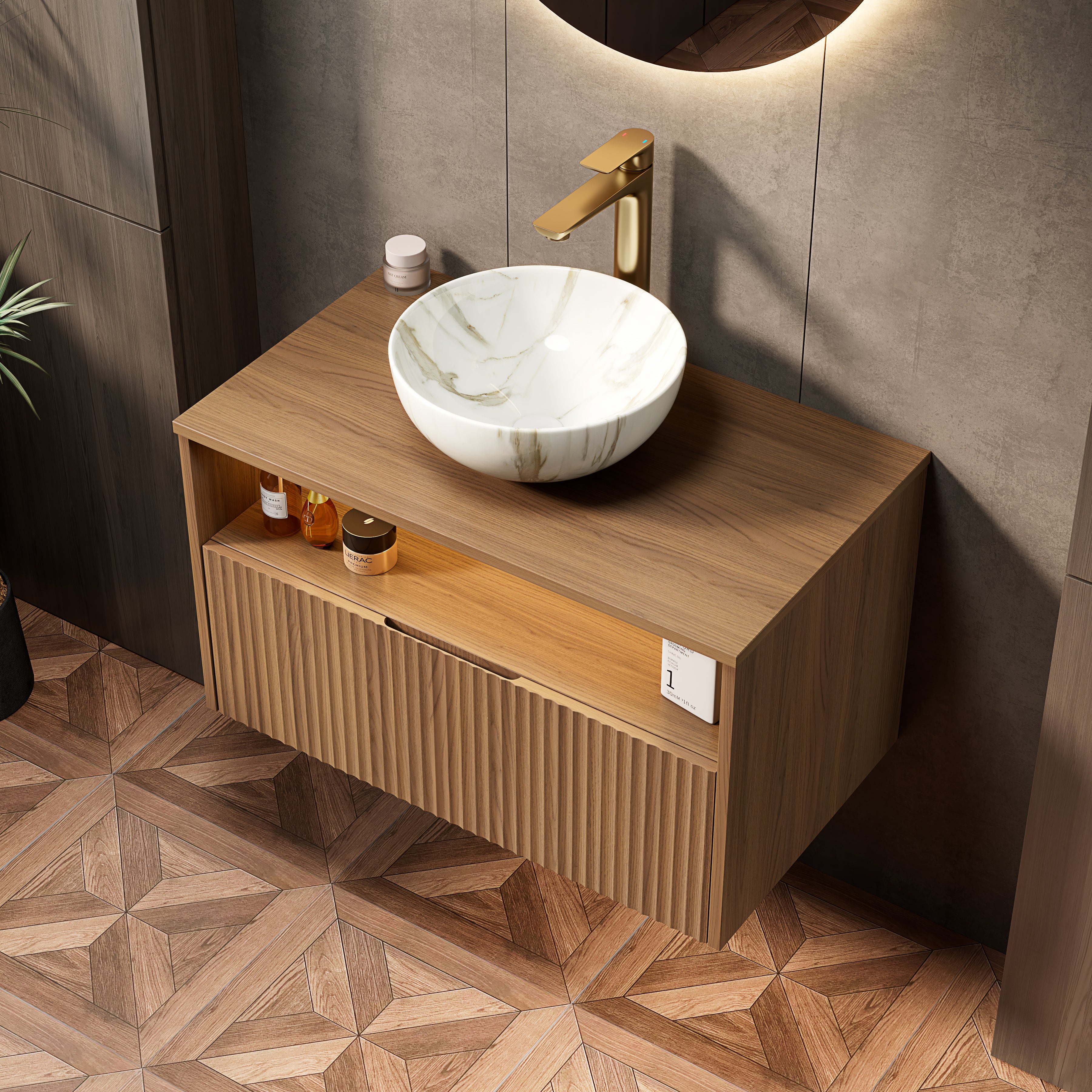 Floating Bathroom Sink with Ceramic Bowl and Sensor Light, Espresso Wood Grain