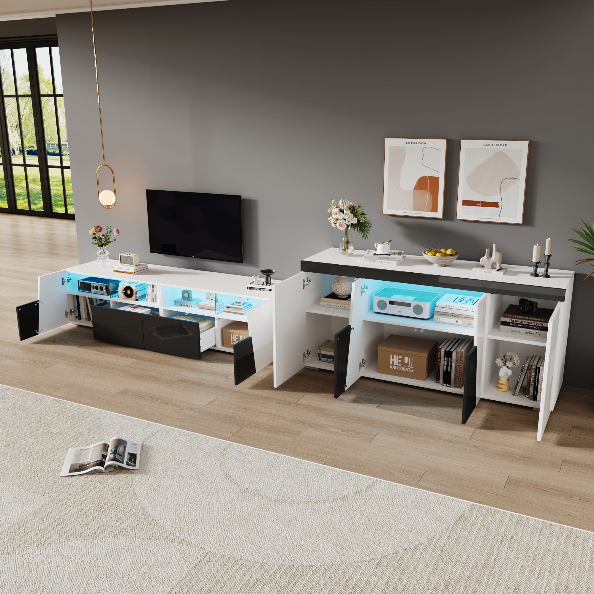 TV Cabinet and Sideboard Set High-Gloss LED Lowboard - Black and White