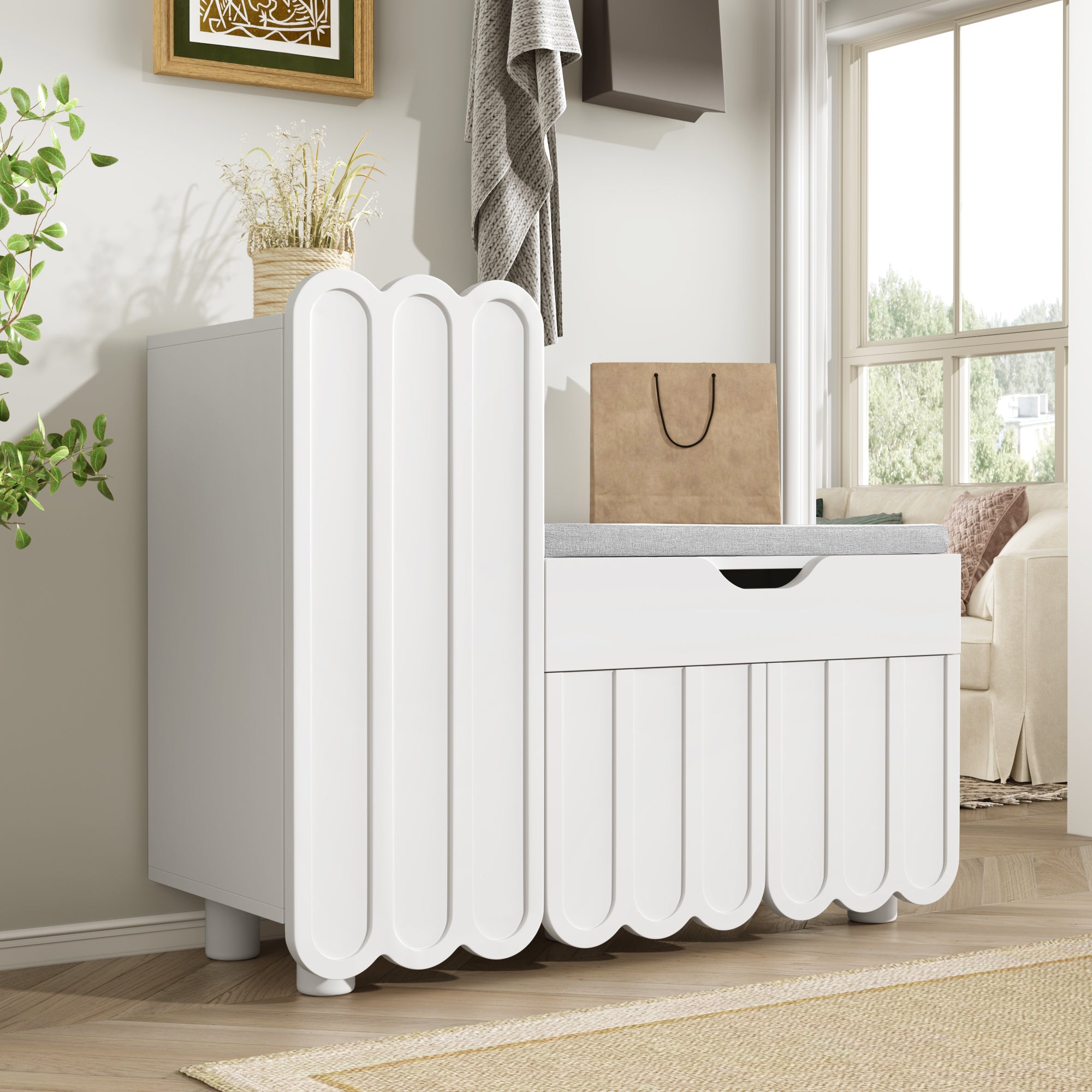 Modern 3-door shoe cabinet with drawer and seat cushion, white