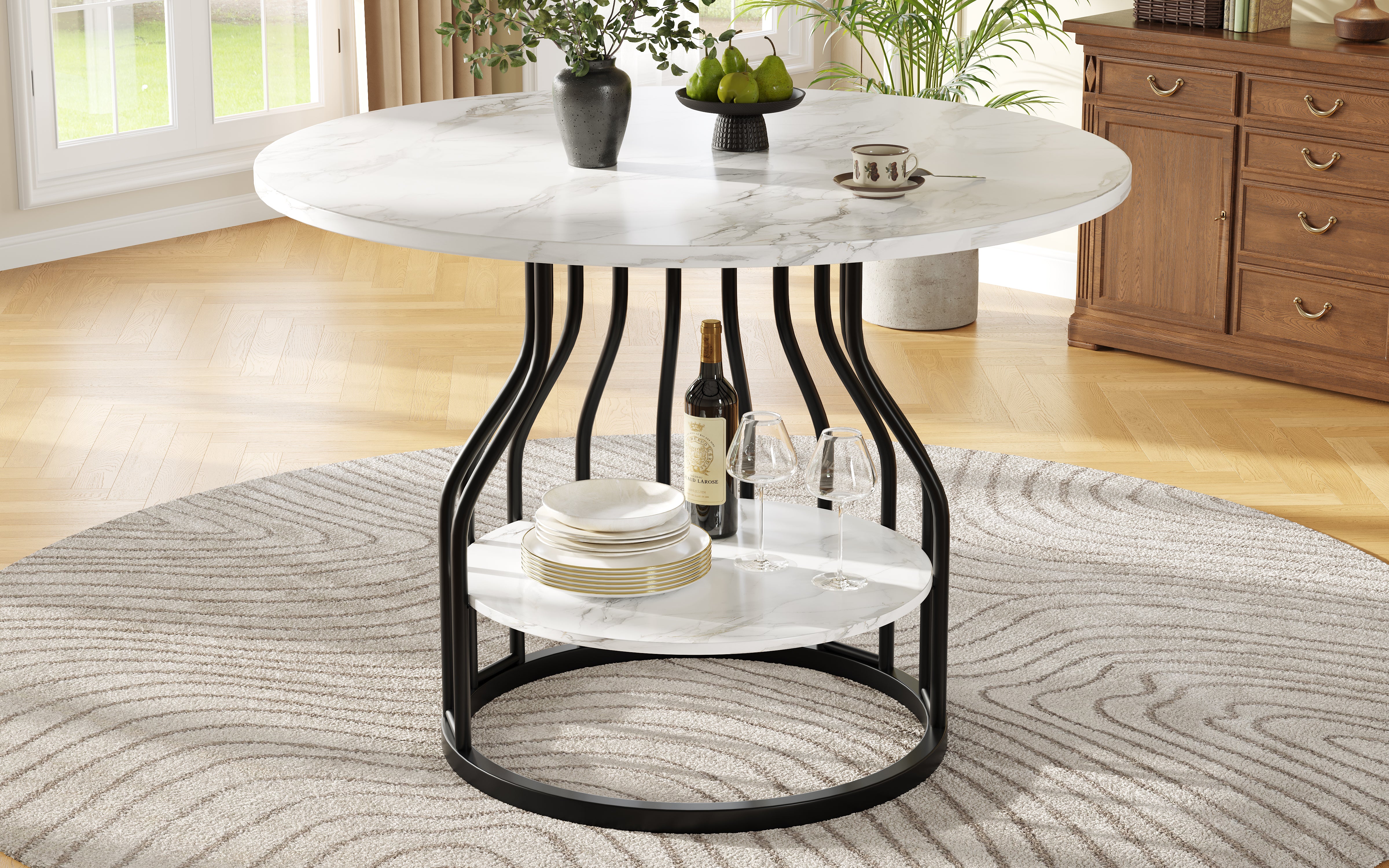 Round Dining Table, 4-Person Storage Shelf MDF Marble, Black