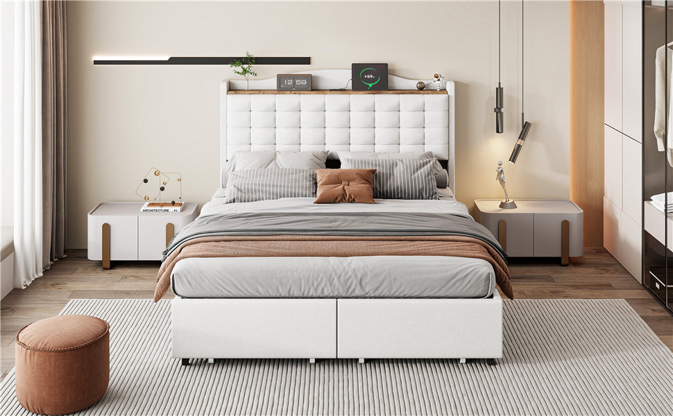 Upholstered Bed 140x200cm, USB Charging & Storage, 4-Drawer, Linen Fabric Beige