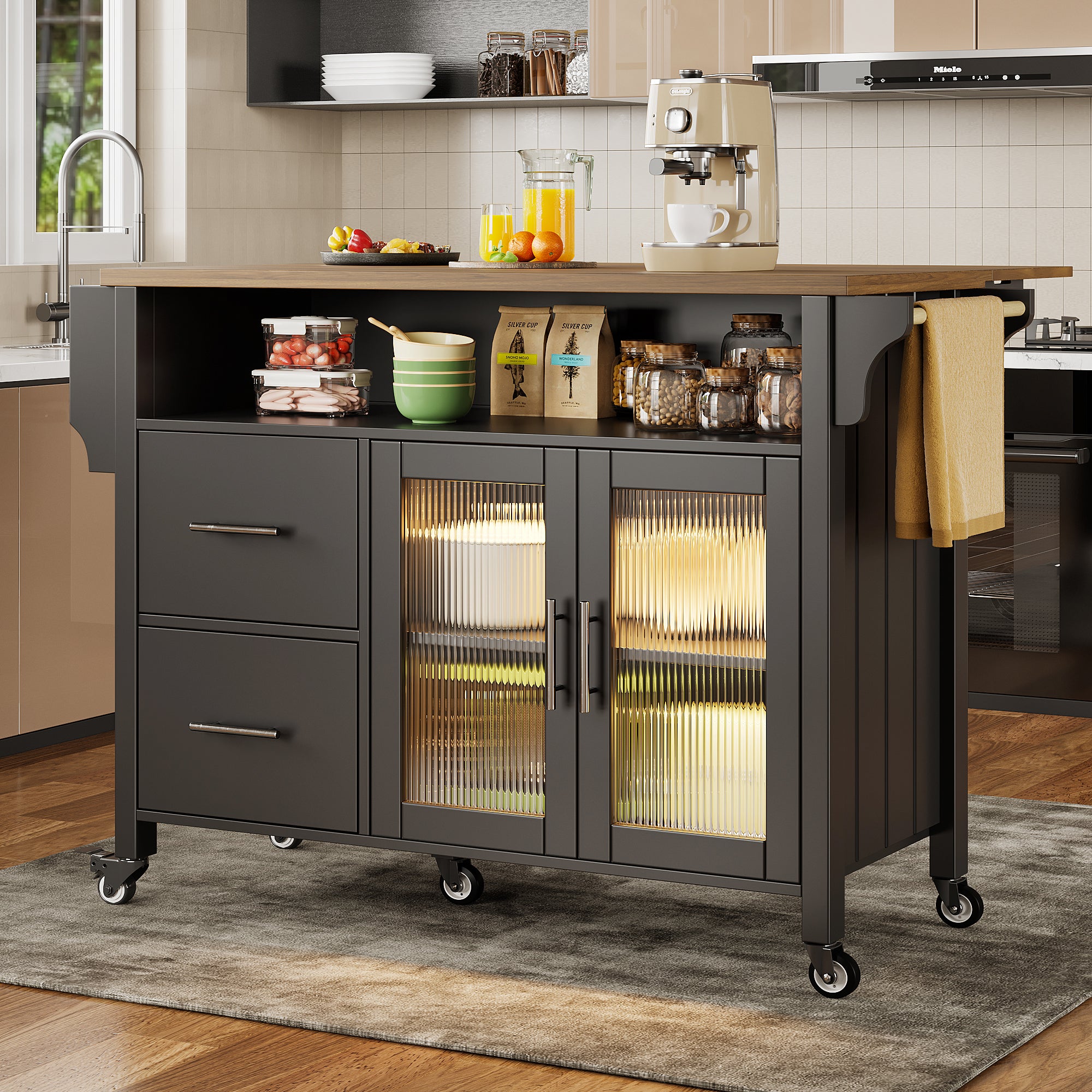 Mobile Kitchen Island with Worktop, Glass Display, LED & Casters - Black