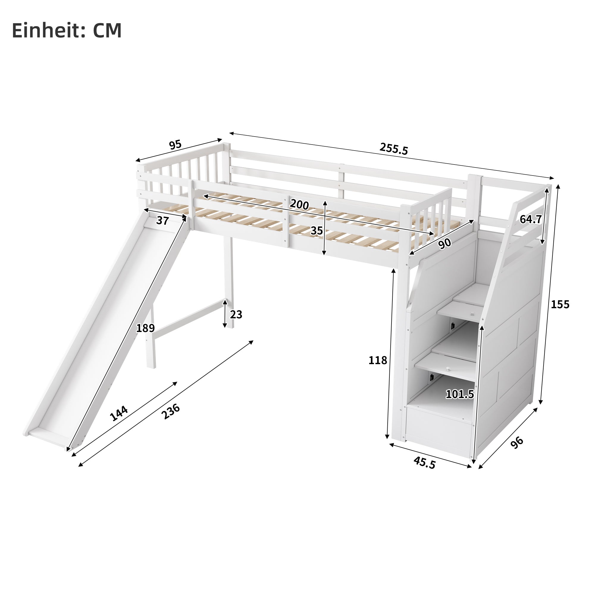 Children's Bunk Bed 90x200cm Slide Storage Ladder Removable Railing, White