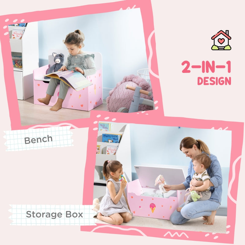 Kids Storage Bench, 2-in-1 Toy Box w/ Safety Rod, Pink