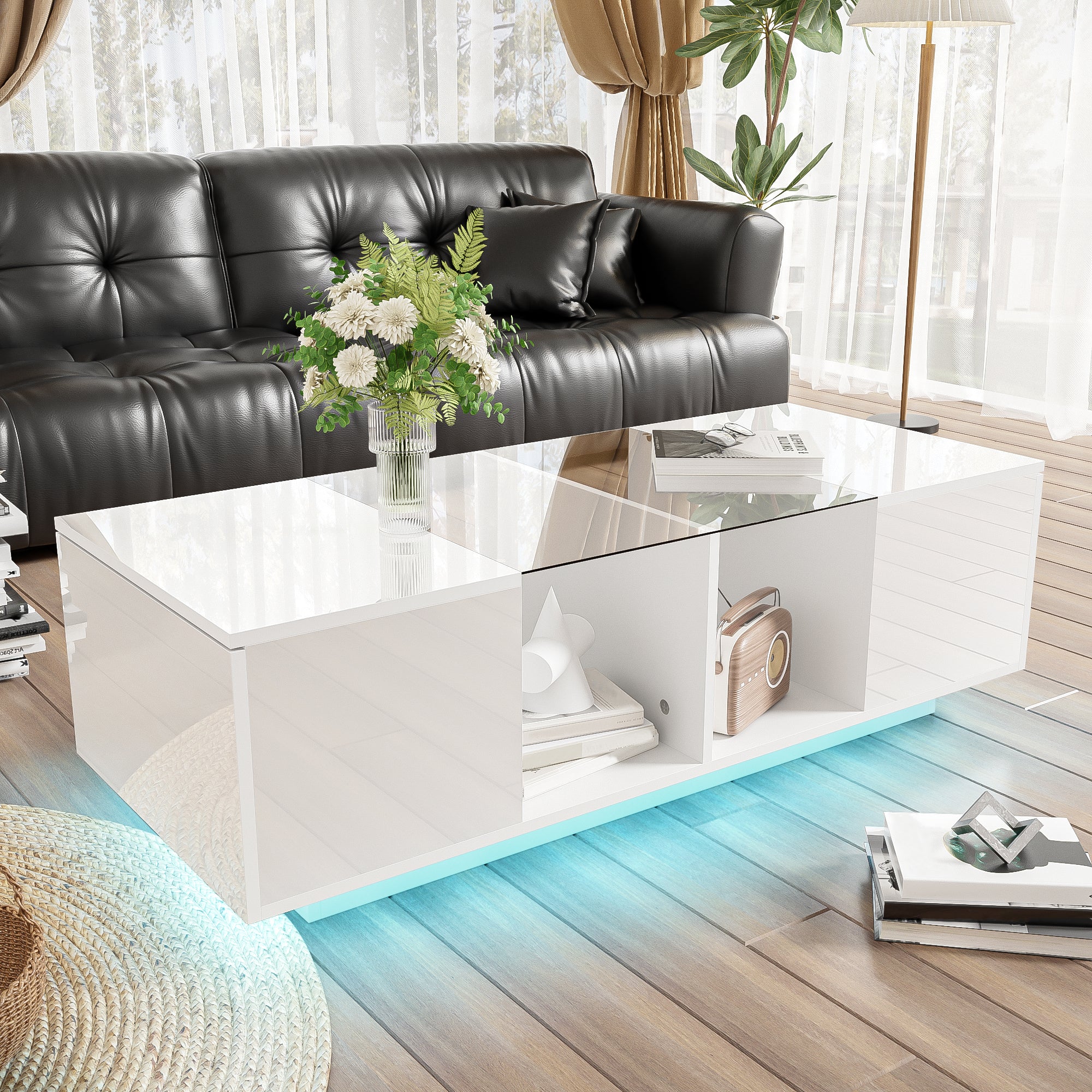 Modern Coffee Table with LED Lighting, High-Gloss, White