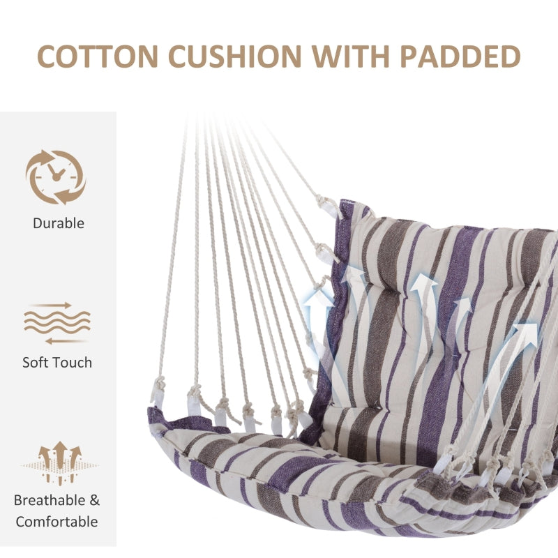 Outdoor Hanging Rope Chair, Padded Seat & Backrest Wooden Bar, Brown