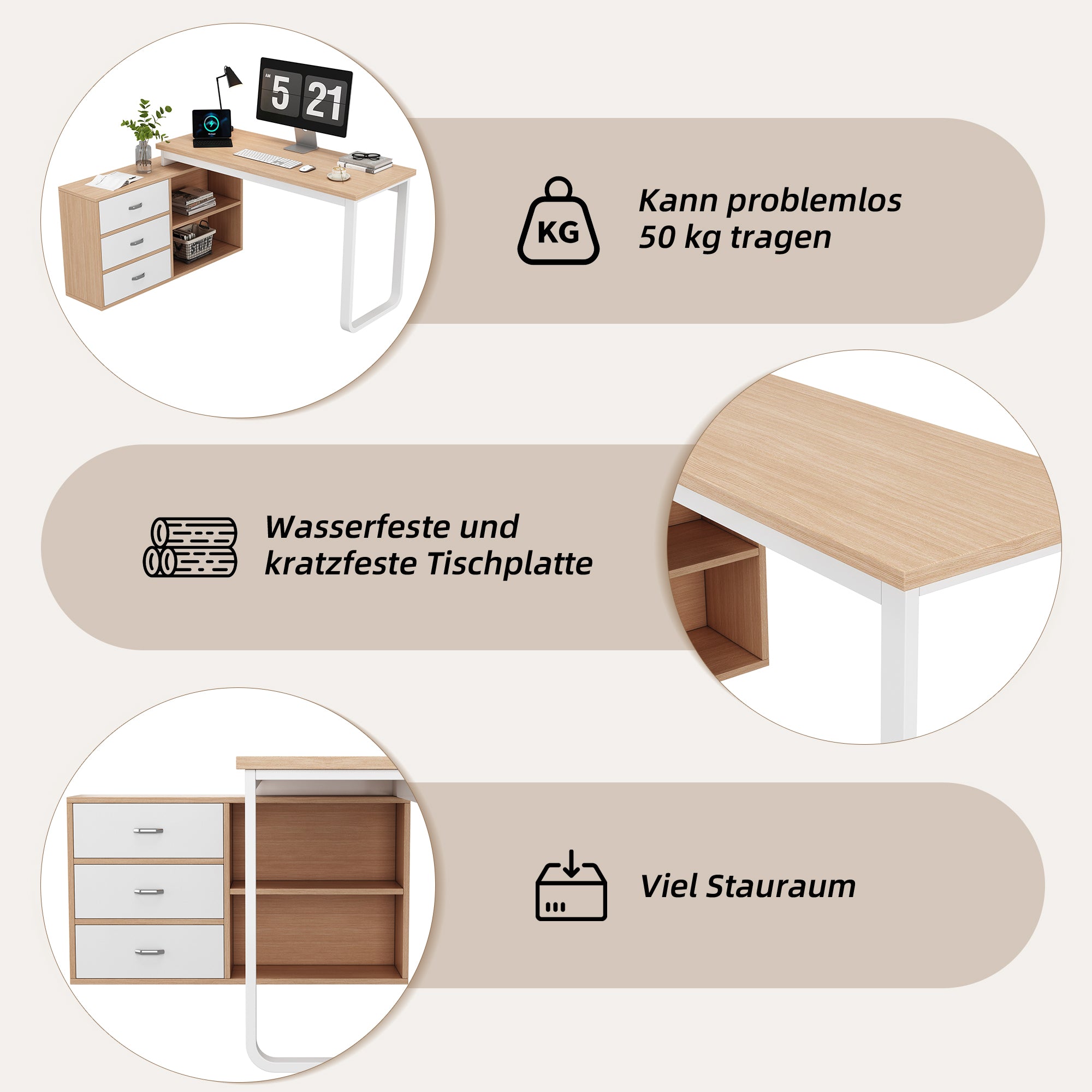 Simple Desk/Office Desk, Three Drawers, Two Open Storage, Natural