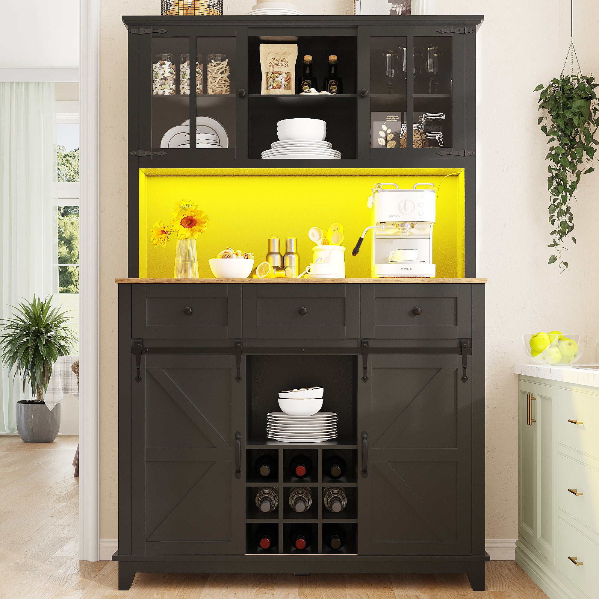 Tall Kitchen Cabinet with LED Lighting and Adjustable Shelves, Black