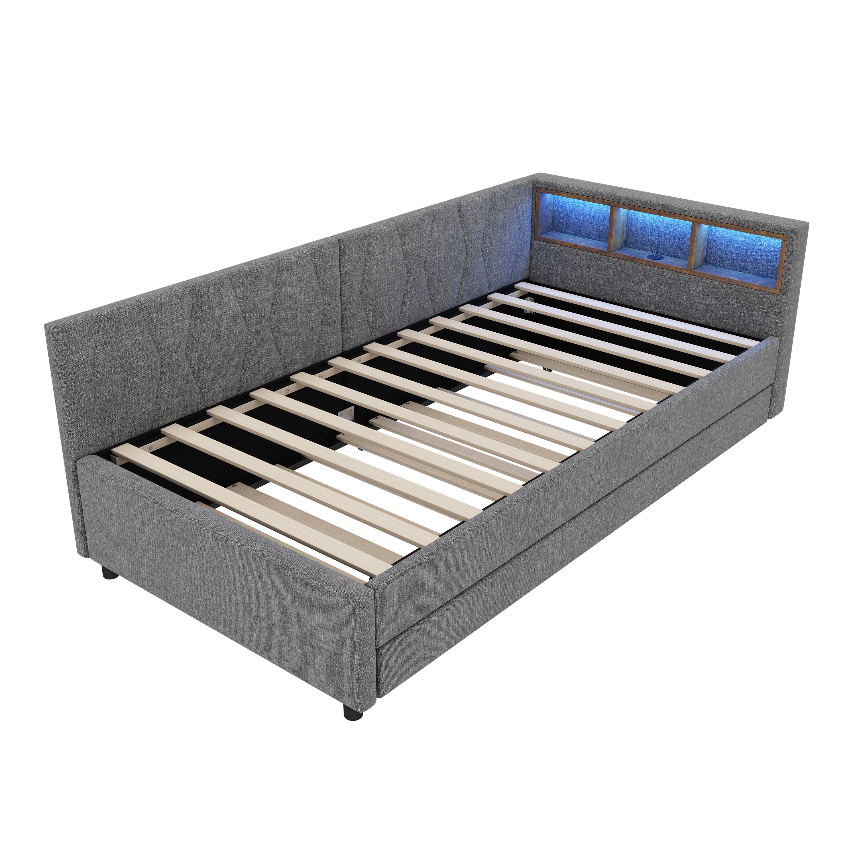 Daybed Sofa Bed 90x200cm Pull-out Bed Storage LED USB/Type-C - Linen Grey