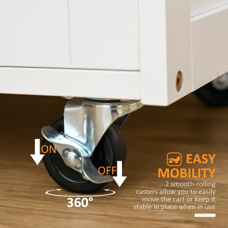 Modern Kitchen Trolley Rolling Island Storage Cart with Wine Rack and Door Cabinets, White/Wooden Countertop