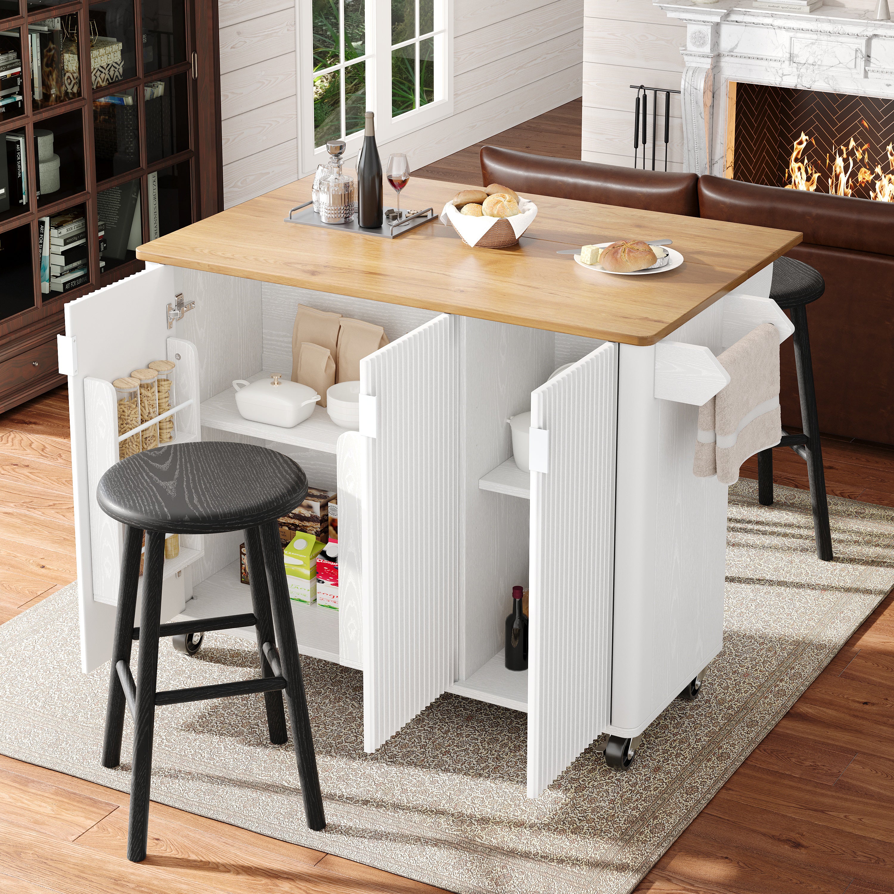 Kitchen Island Trolley Extendable on Wheels Buffet Storage Adjustable Dividers 3 Doors White/Black