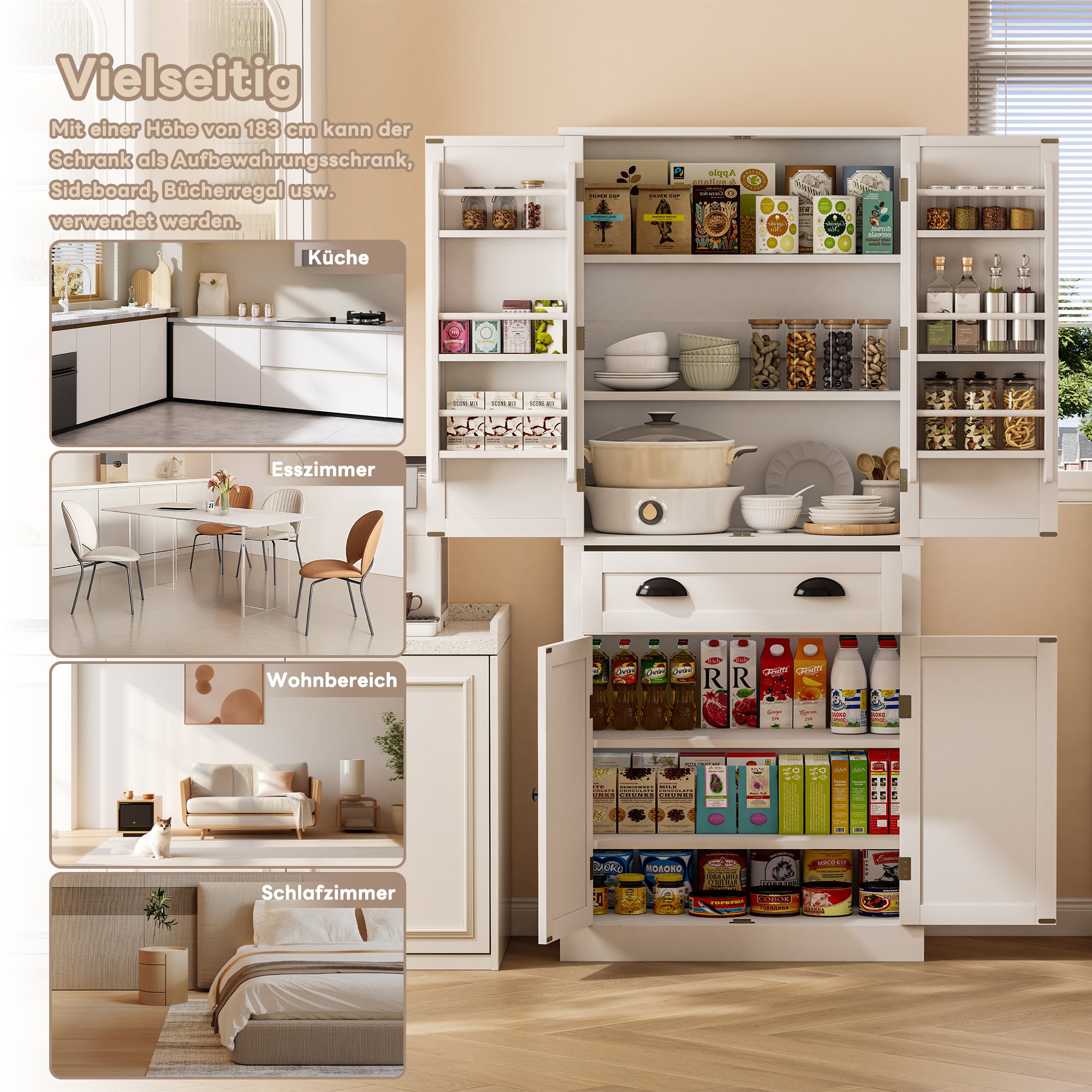 Storage Cabinet with 4 Doors and 1 Drawer, 6 Compartments and 4 Adjustable Shelves, White