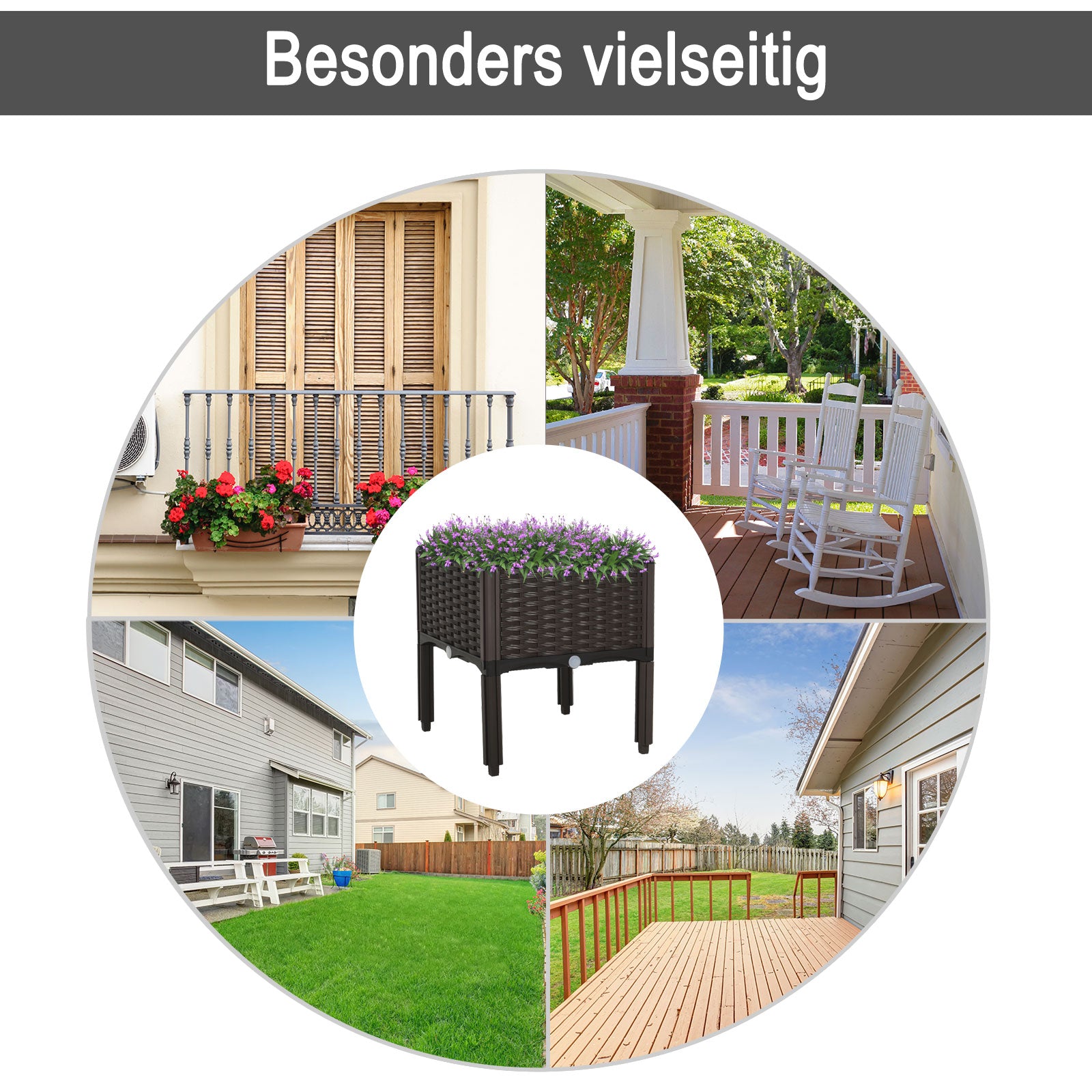 Raised Bed Planter, Rattan Look, 40x40x44cm, PP Brown