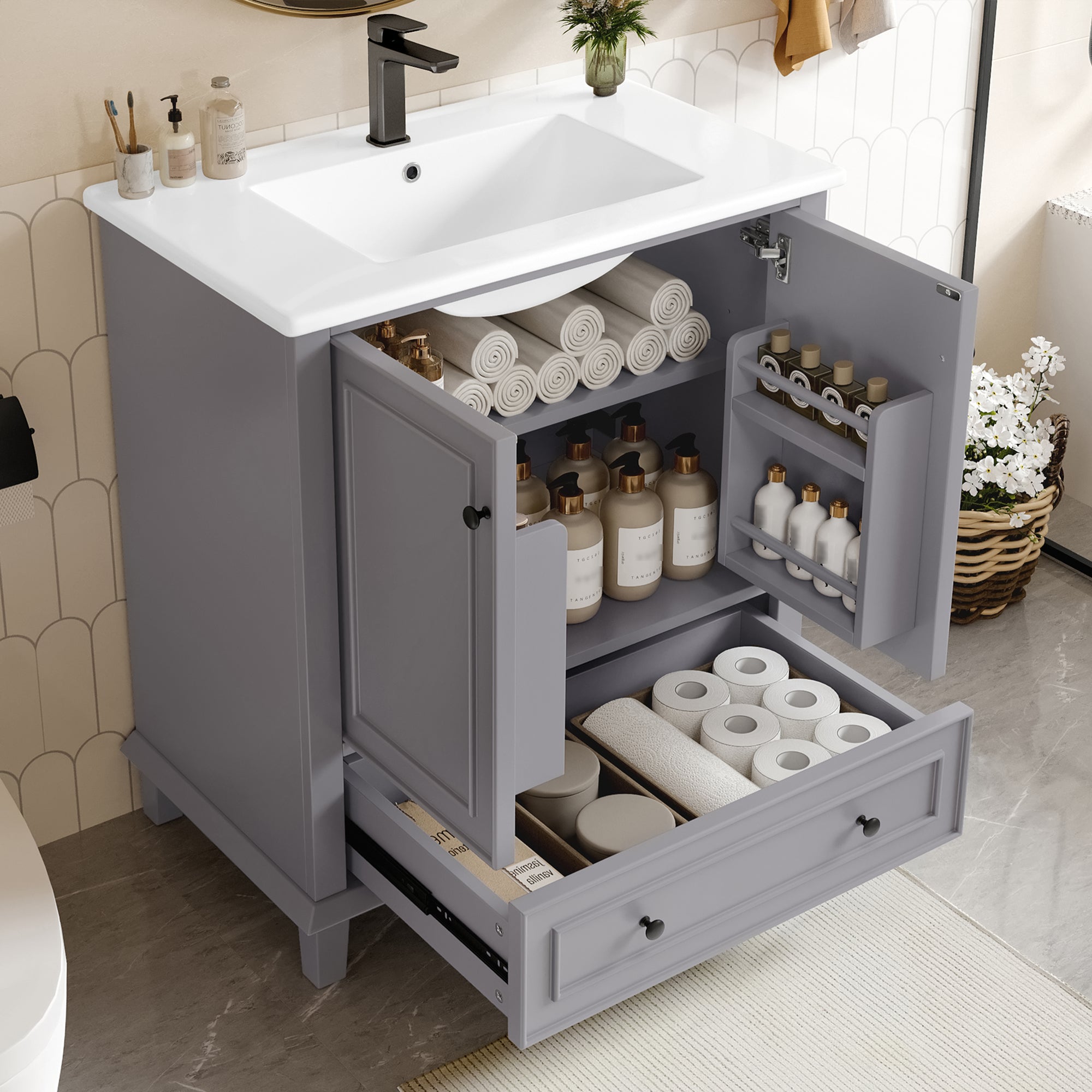 Floor-standing Bathroom Cabinet with Integrated Ceramic Washbasin and Solid Wood Legs, Grey