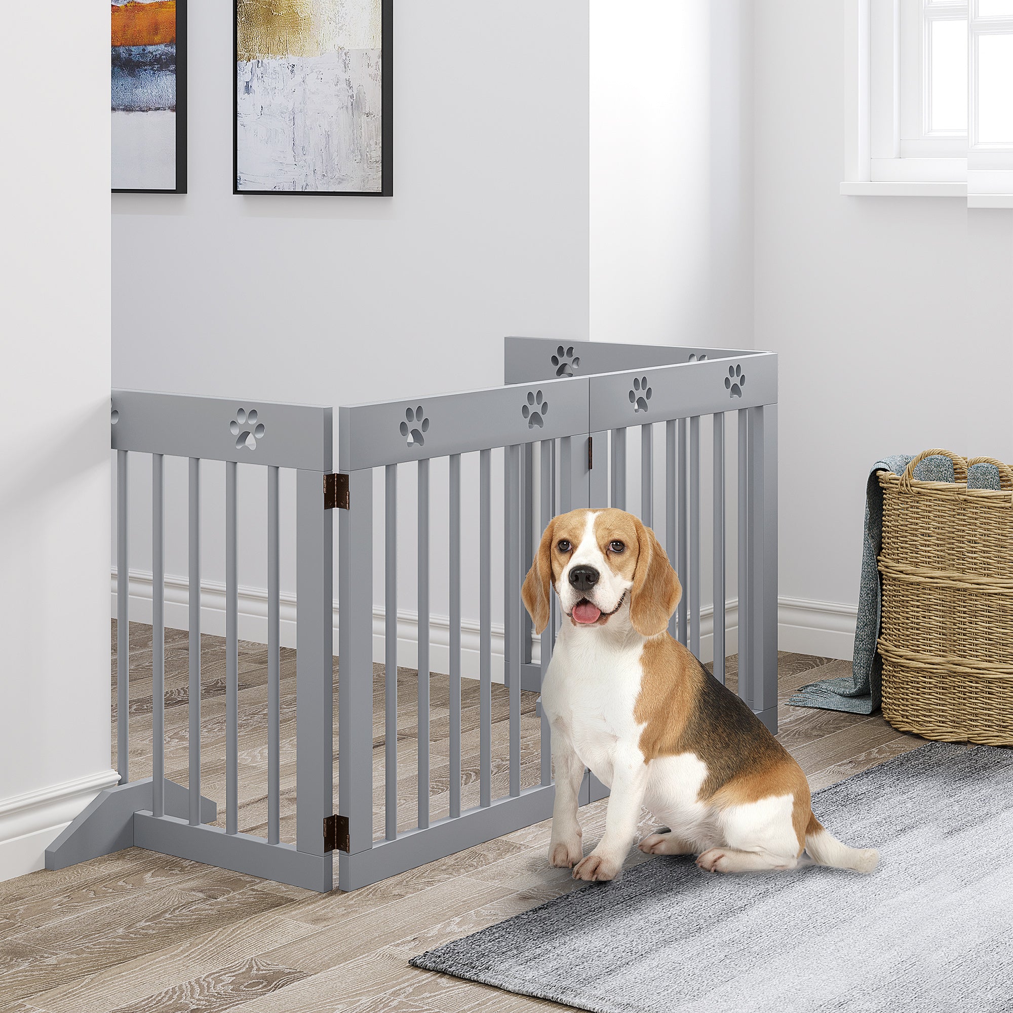 Dog Gate, 4-Part Foldable Freestanding, Wooden Light Grey