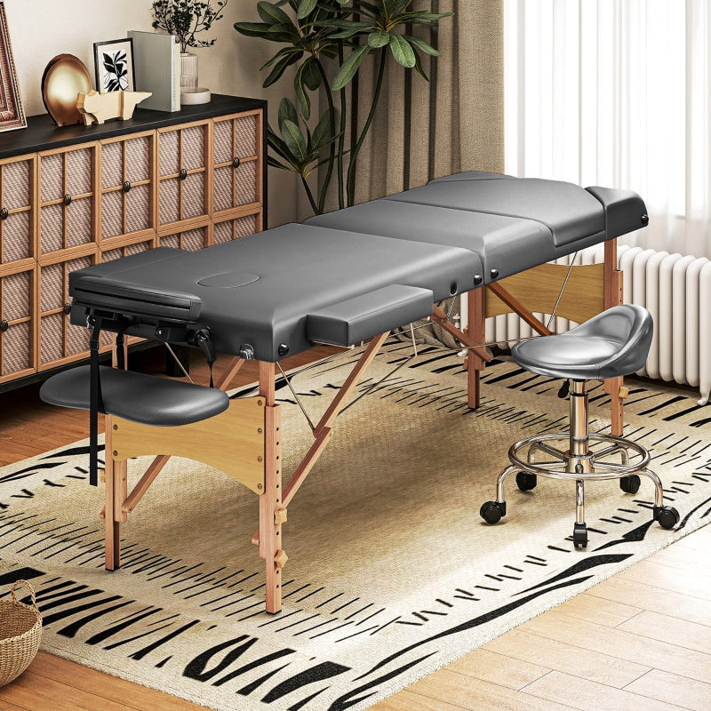 Foldable Massage Table, Adjustable Height Portable with Beech Wood Legs - Grey