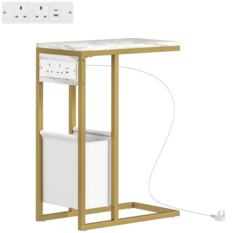 C Shaped Side Table Charging Station, Faux Marble Top - White