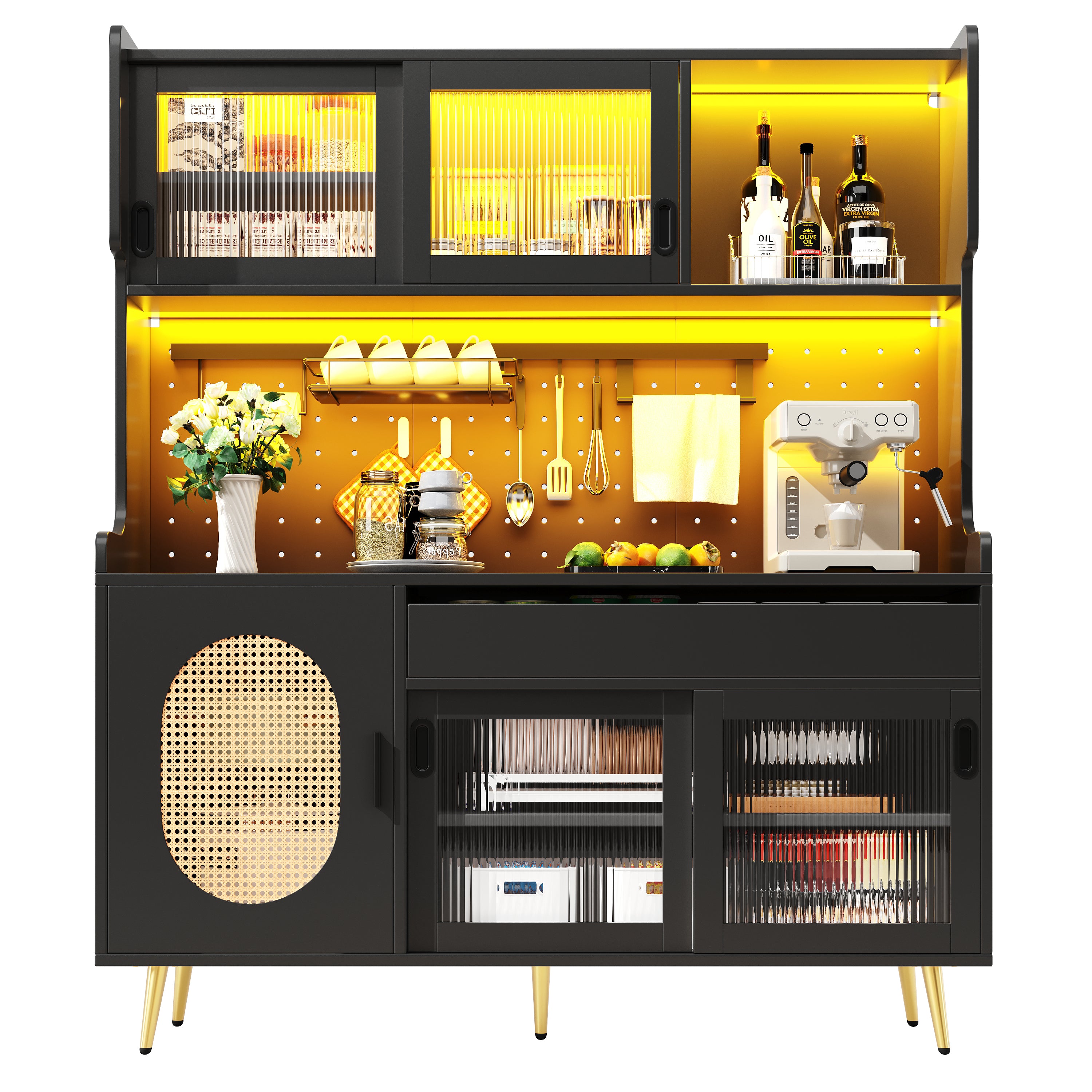 Buffet Cabinet with LED Light Strip and Fluted Glass Doors, Brown and Black