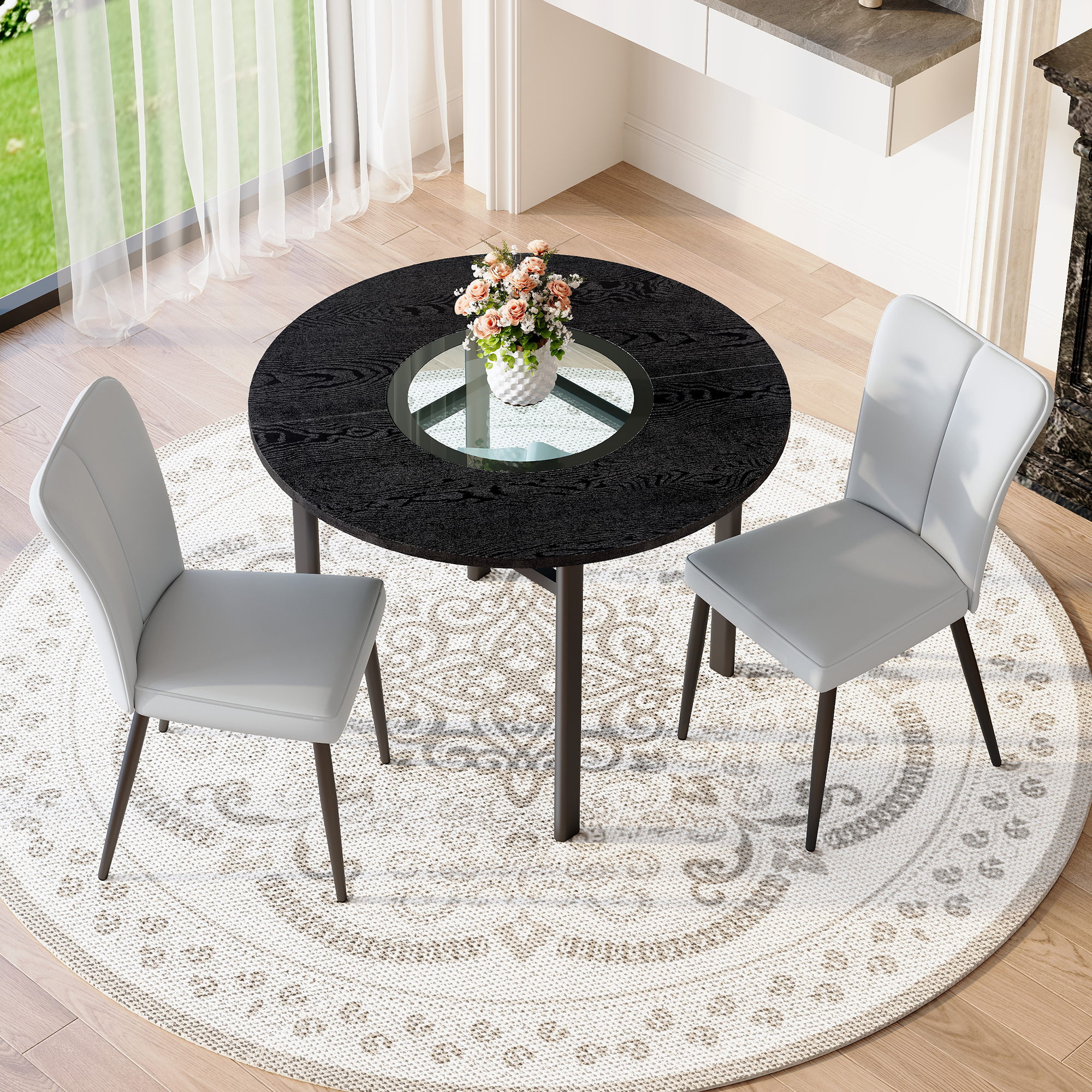 Round Table Set, 100cm Diameter with 2 Armchairs, Black Wood Look & Light Grey PU