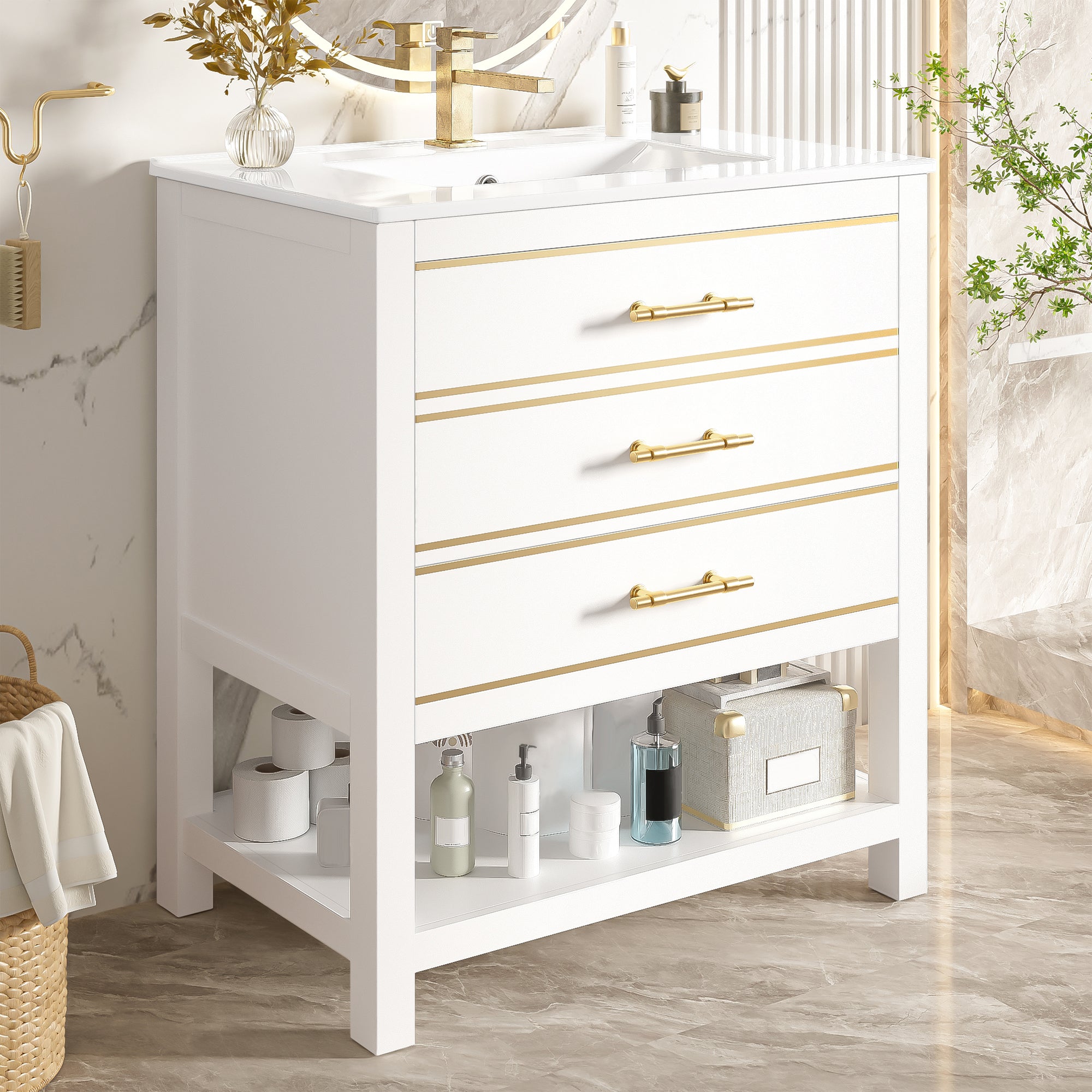 Bathroom Vanity Unit with Ceramic Basin and 2 Drawers, White and Gold