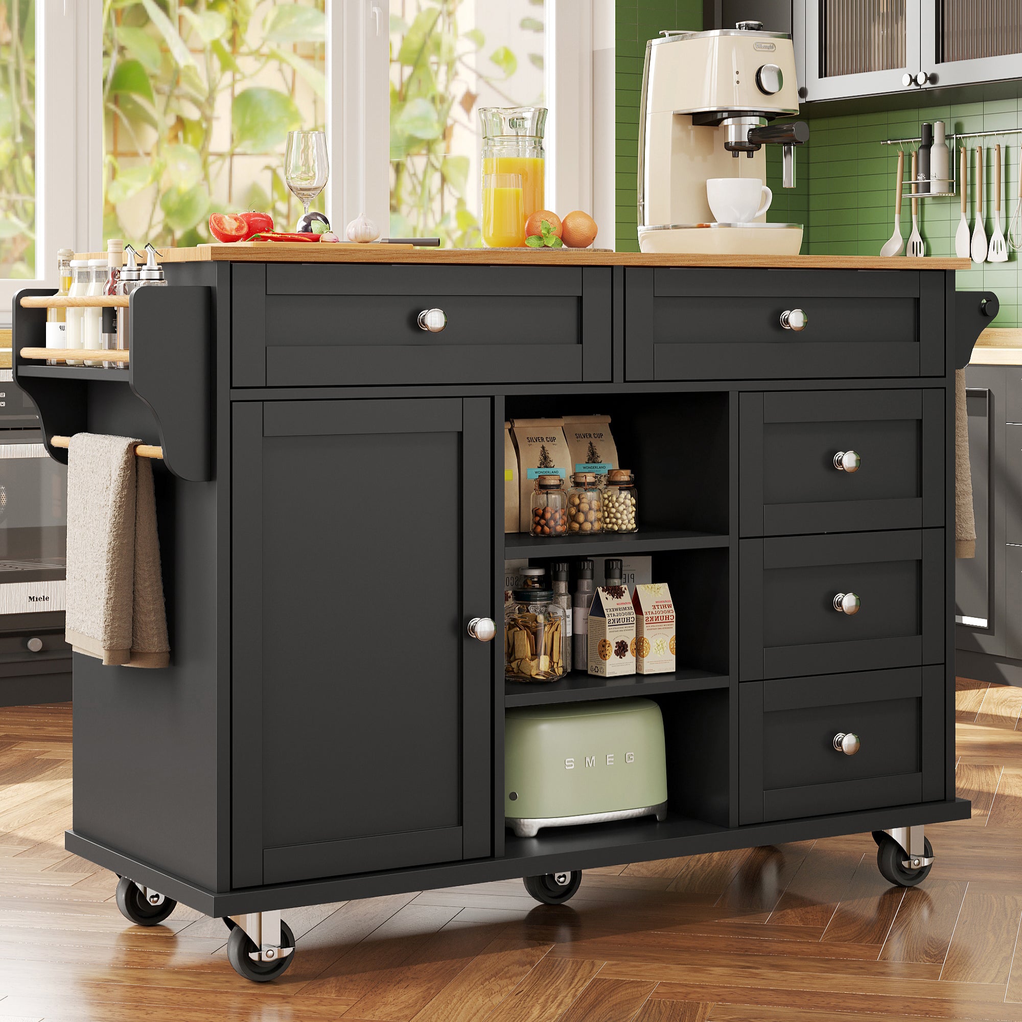 Dining Cart, Drawer Storage Mobile & Fixed Design, Black