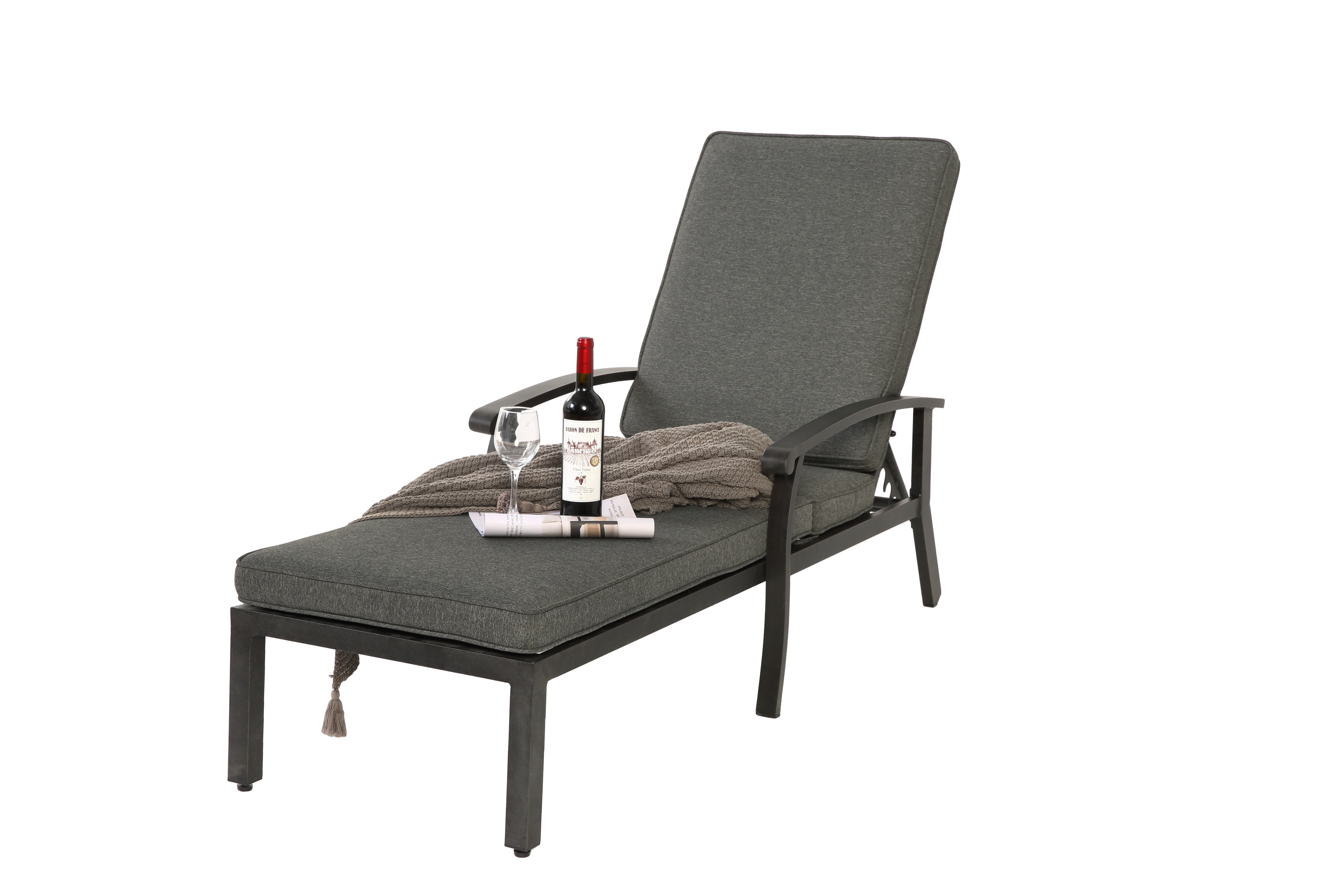 Lounge Patio Chair, Adjustable Reclining Rustproof Aluminum, Gray Cushion