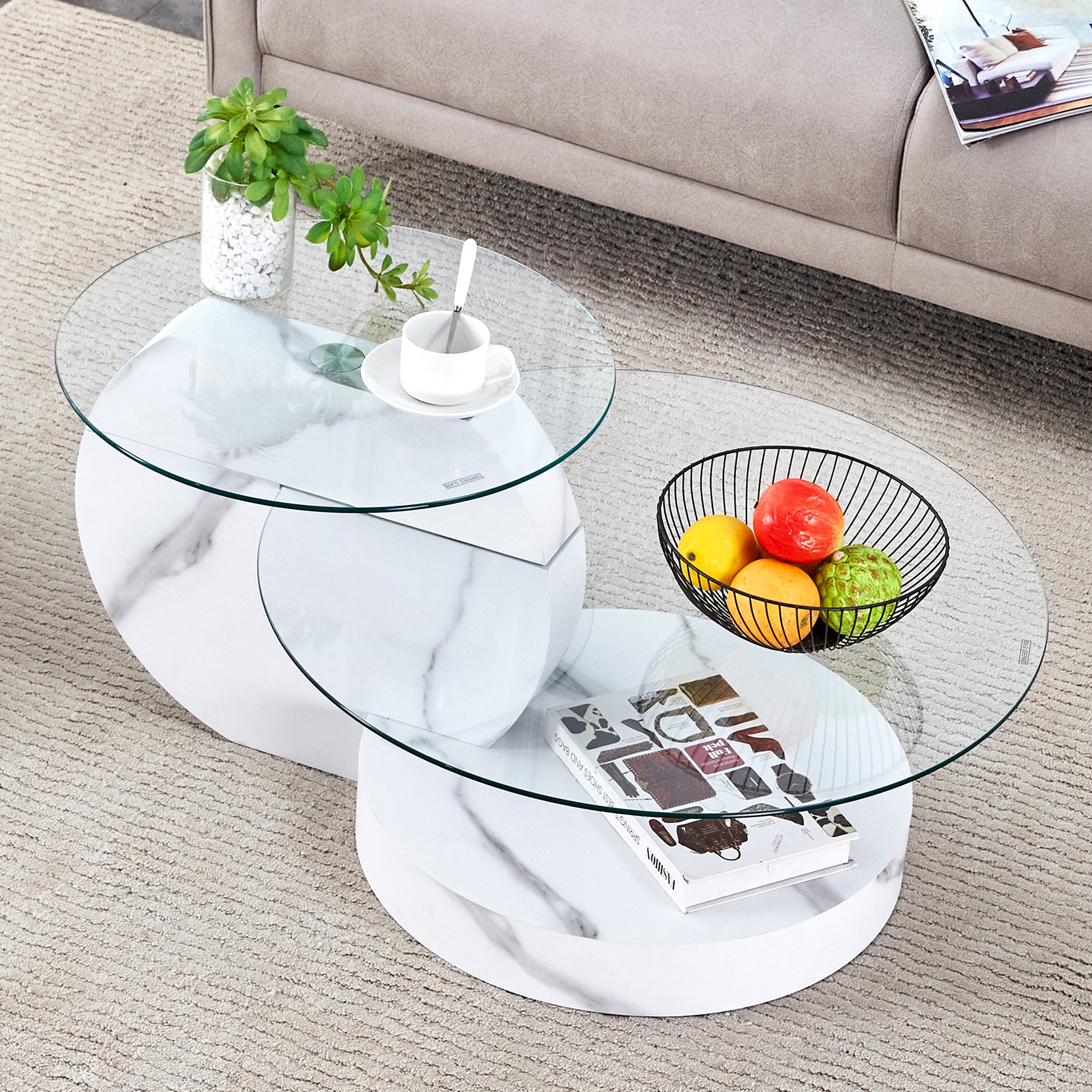 Modern Coffee Table Double-Layered Safety Glass Multi-Tiered White Marble Effect MDF