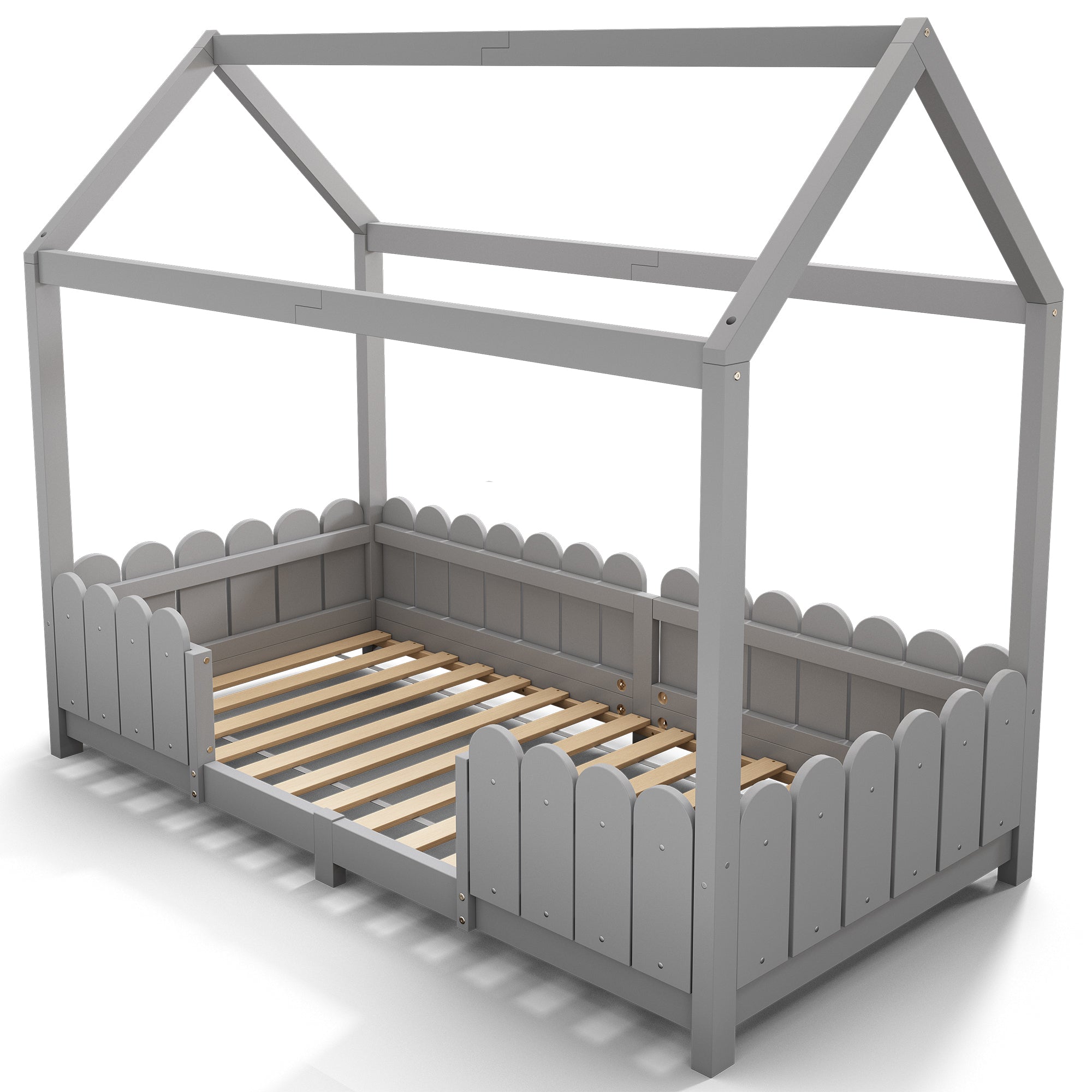 House Bed 90x200cm Versatile Children's Bed with Fall Protection and Slatted Frame, Grey