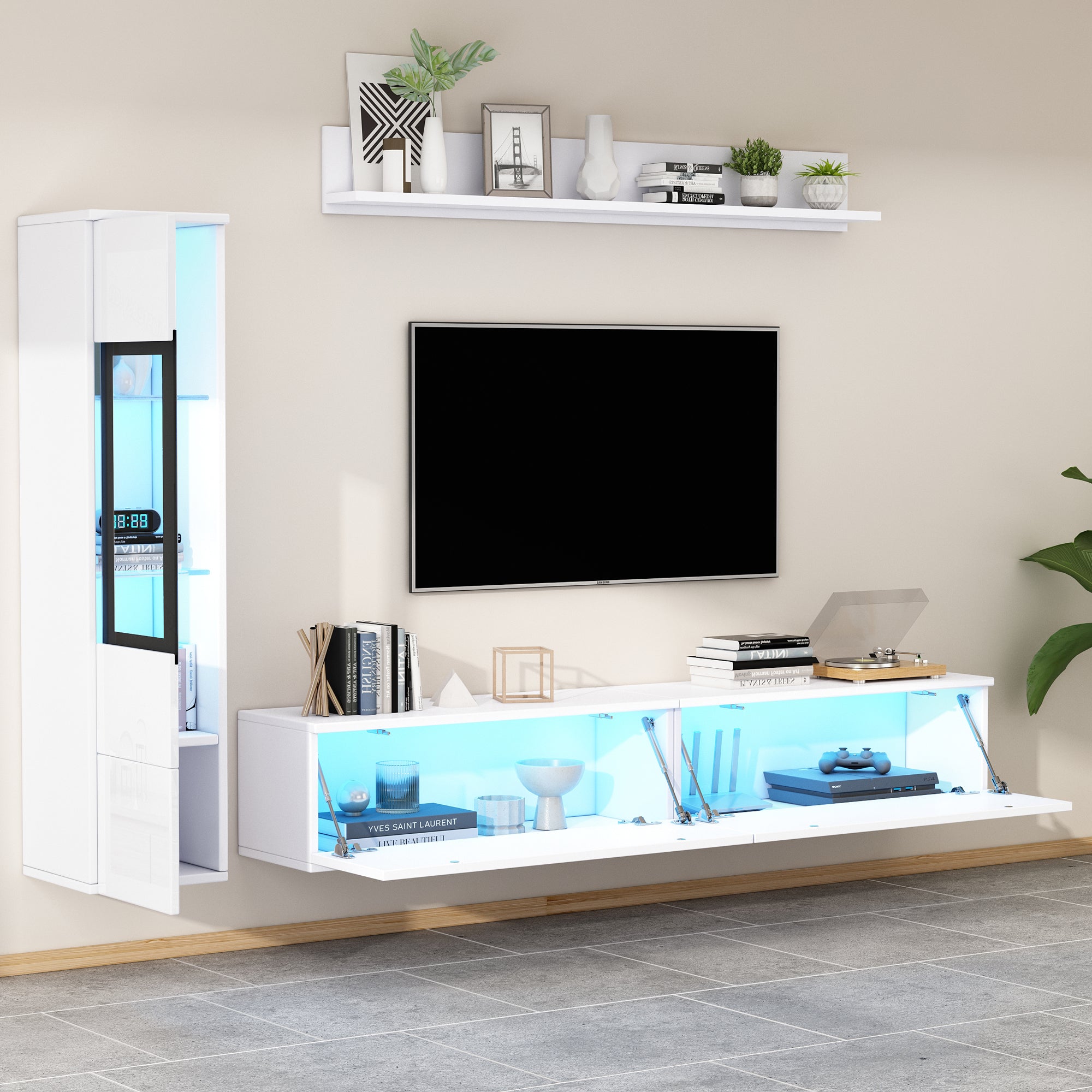 TV Wall Unit Set, 3-Piece LED Lighting, High Gloss White