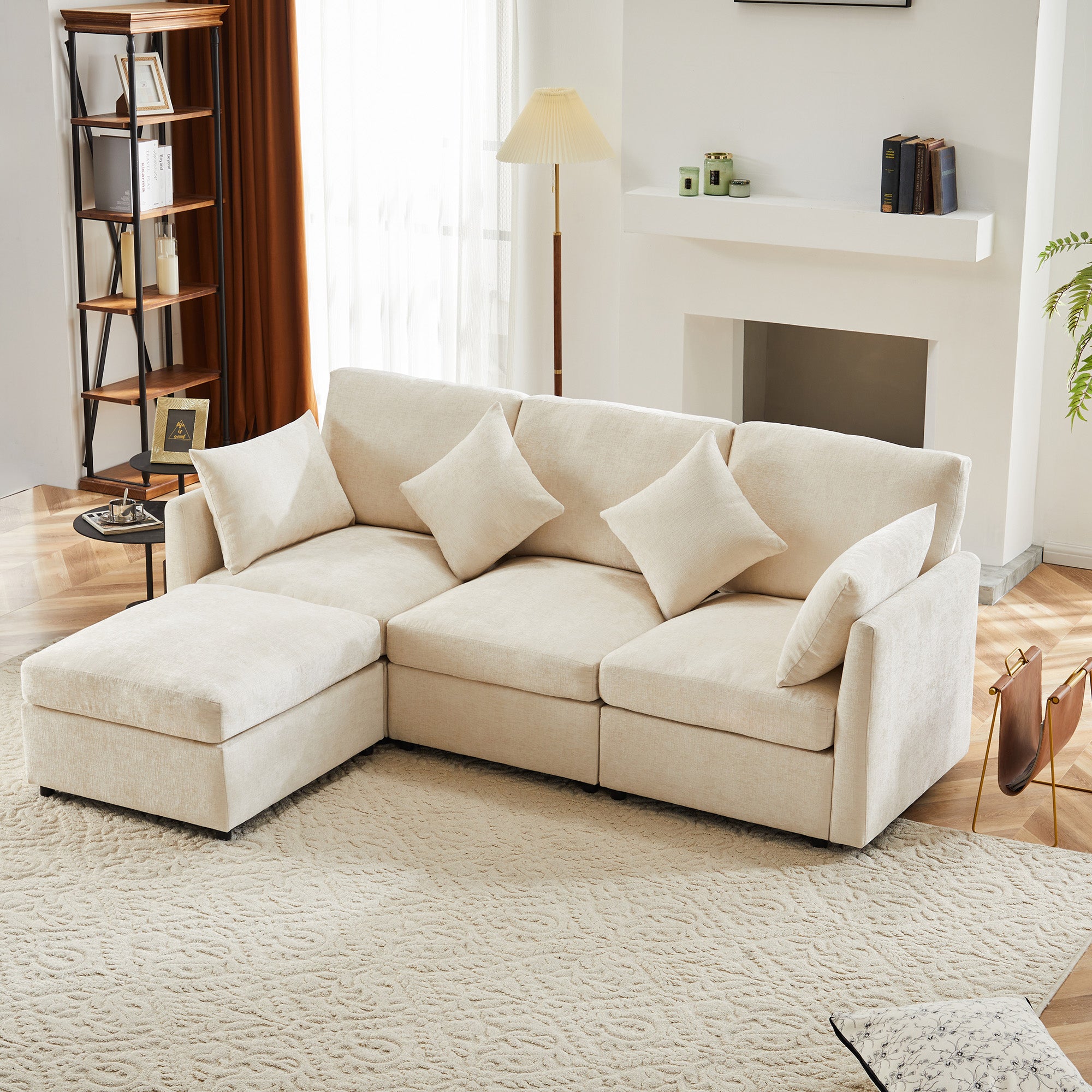 L-Shaped Corner Sofa Modern 3-Seater 4-Seater Footstool - Chenille Fabric
