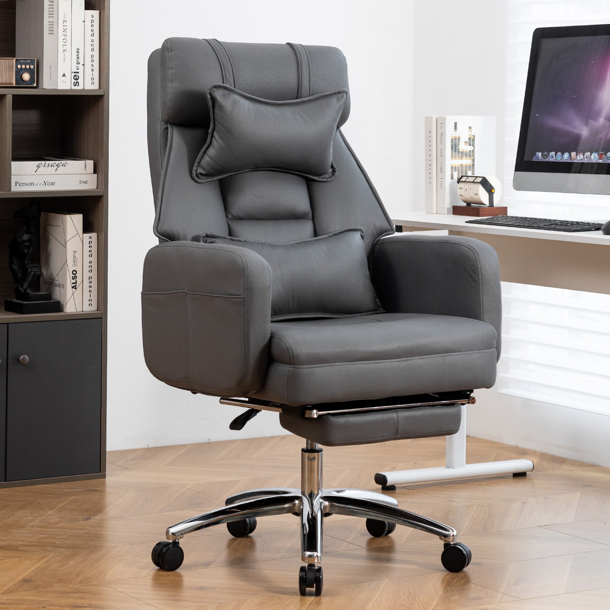 Swivel Ergonomic Office Chair High Back Lumbar Headrest 155° Reclining - DARK GREY Technology Leather