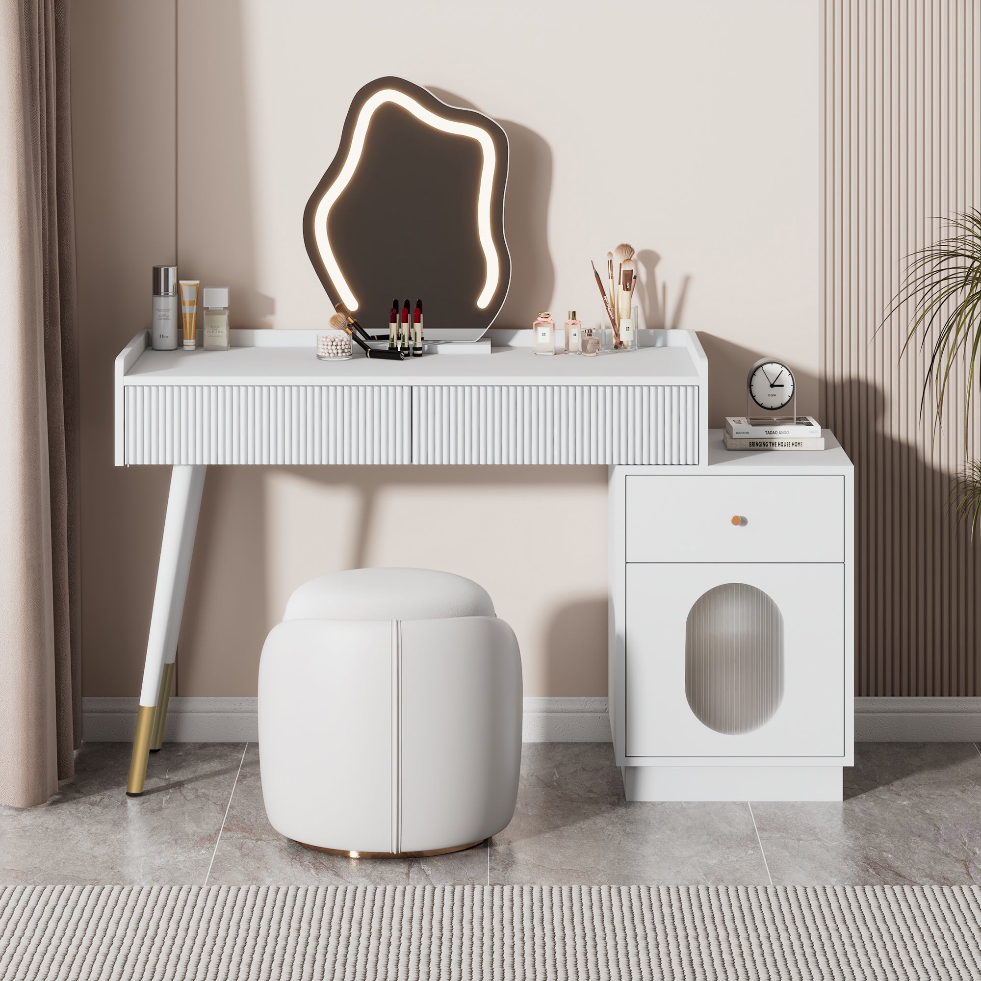 Dressing table with LED mirror and lighting, 3 drawers 1 door, white