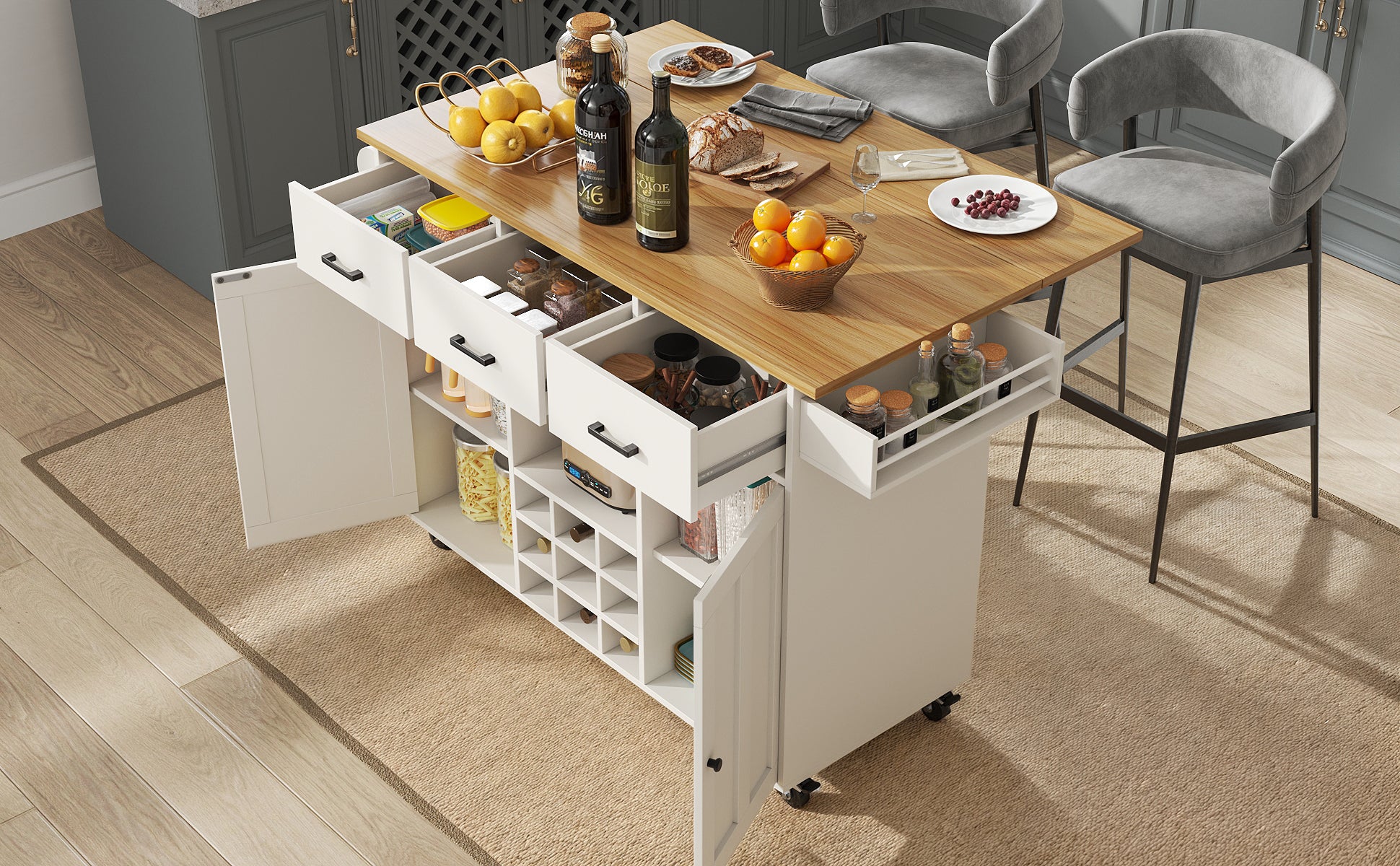 Dining Cart Removable Worktop Spice Rack Adjustable Storage - White