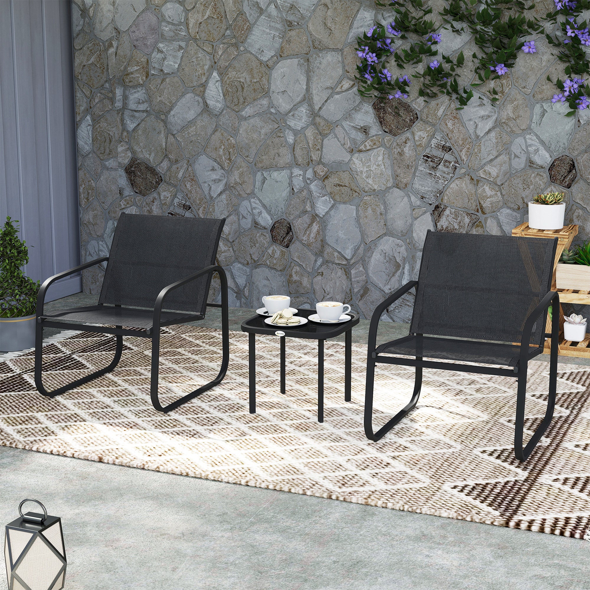 Three-Piece Garden Seating Set Two Armchairs Square Glass Table Steel Frame Black
