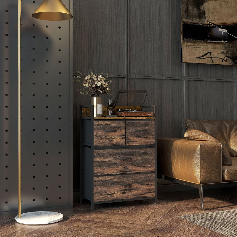 Chest of Drawers Sideboard, 4 Fabric Drawers, Industrial, Brown/Black