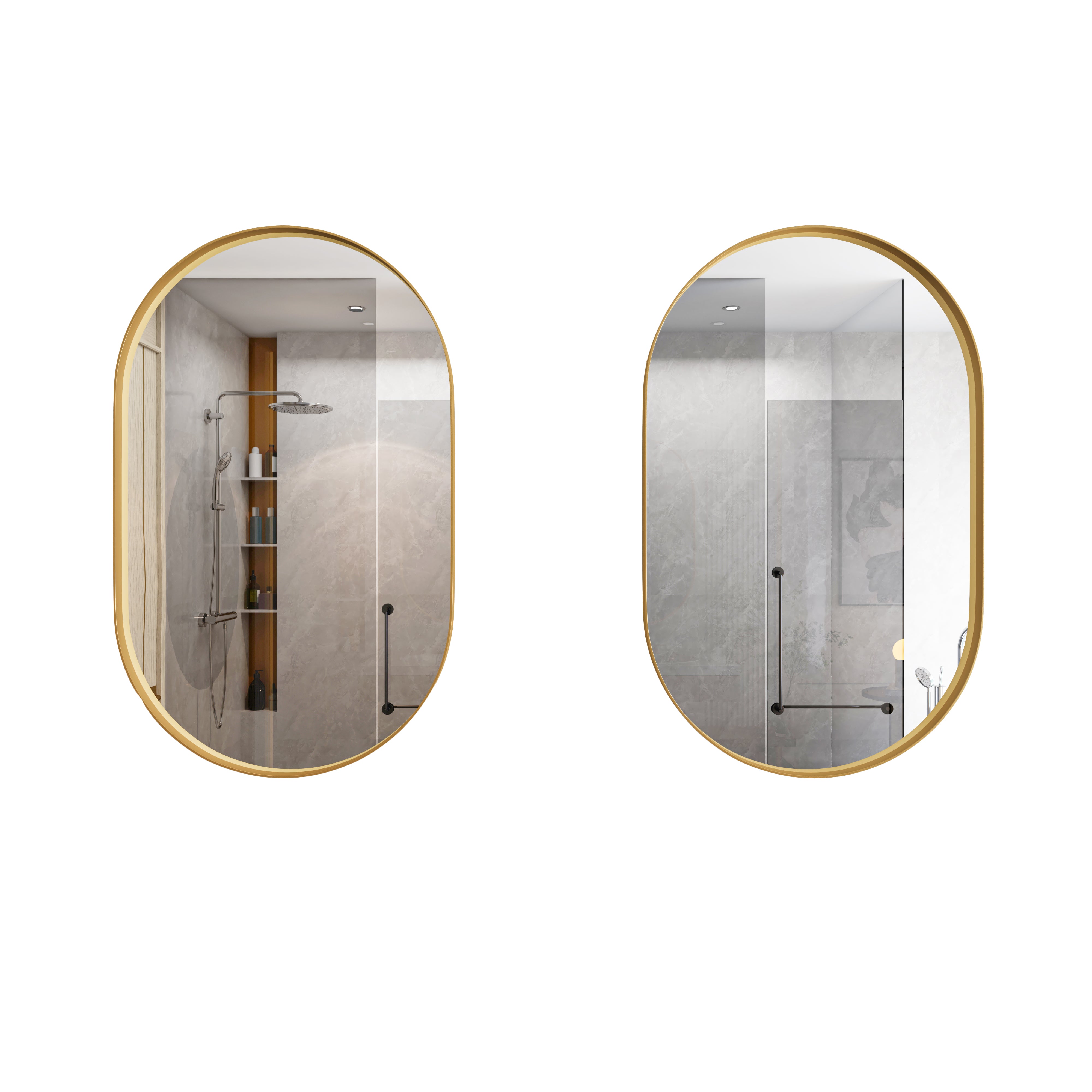 Oval Mirror Cabinet, Recessed Medicine Wall Storage Adjustable Shelves, Gold Metal Framed