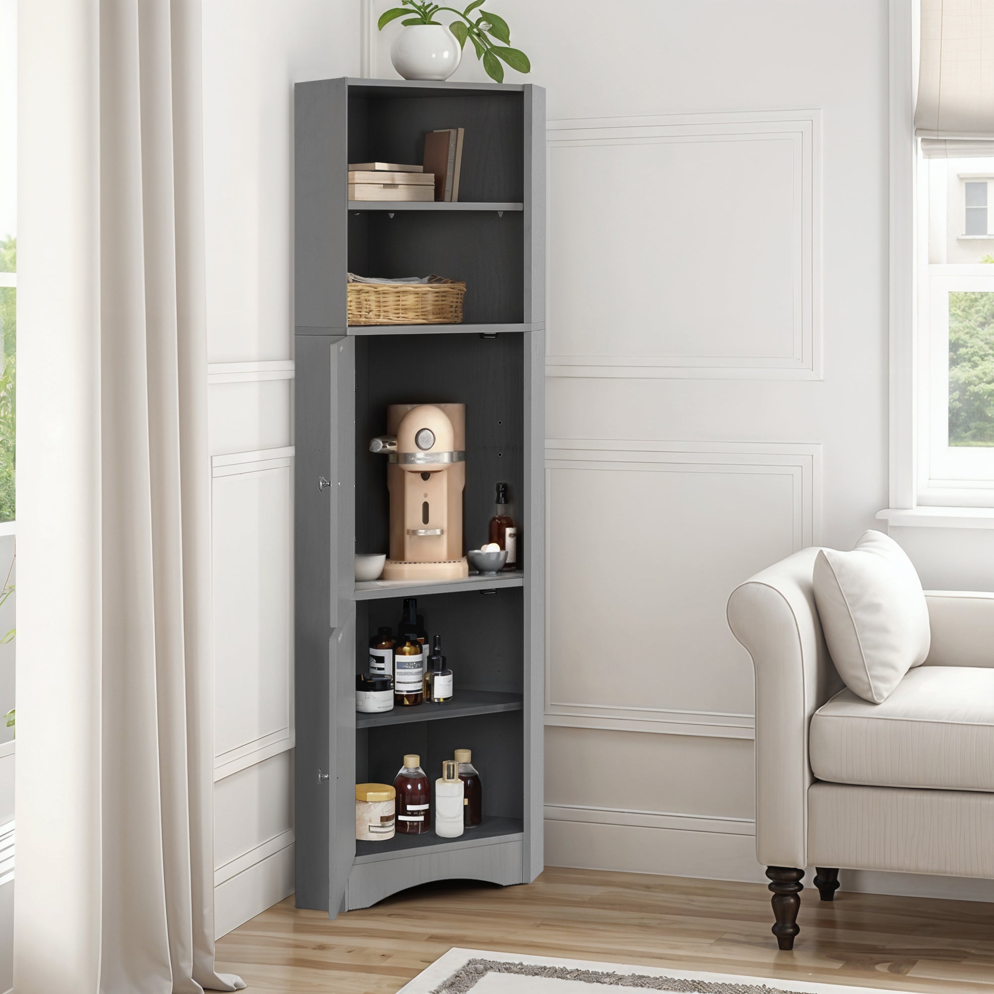 Bathroom Cabinet, Corner with Adjustable Shelf & Storage, Light Grey