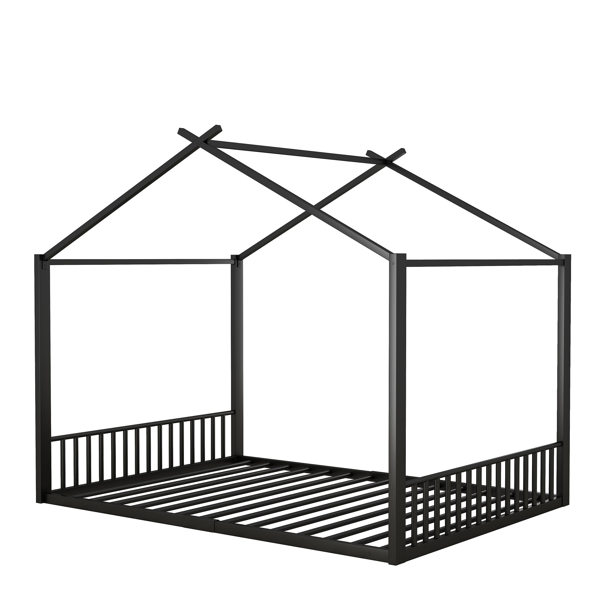 Children's Bed, 140x200cm House Rail Iron Frame, Black
