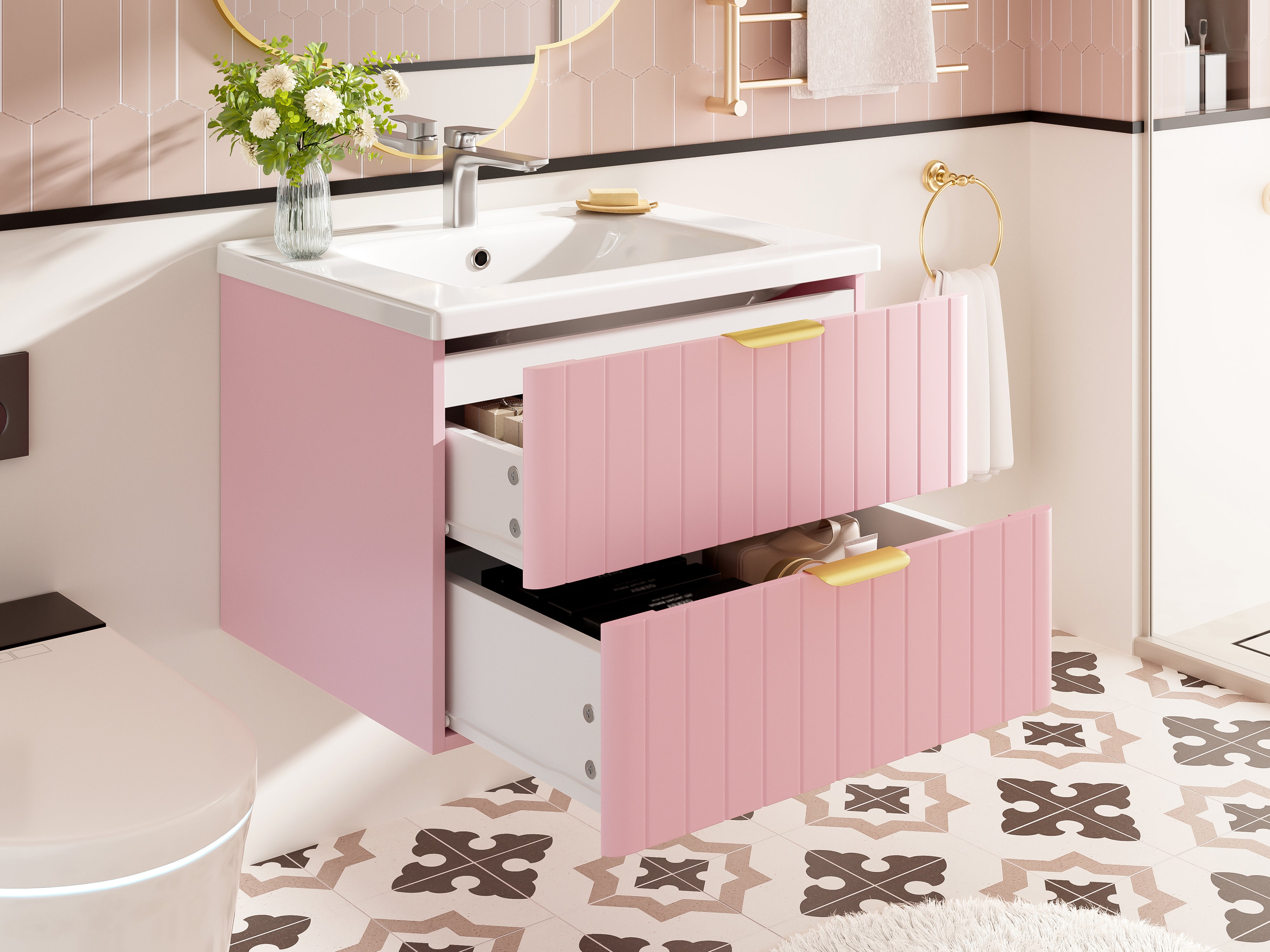 Wall-Hung Vanity Unit with Ceramic Sink and Double Storage, Pink
