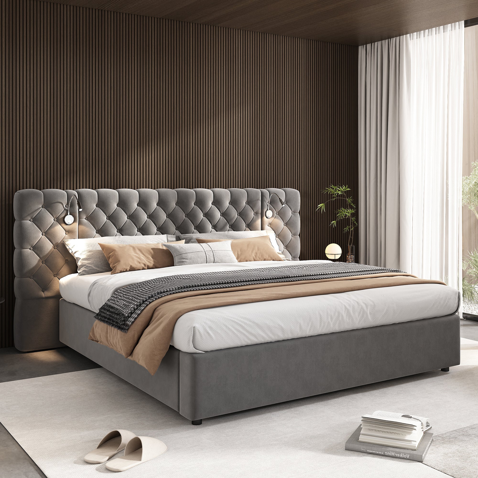 Upholstered Bed, Super King Size 6ft Hydraulic Storage Bed with Reading Light and Wide Headboard, Velvet, Grey